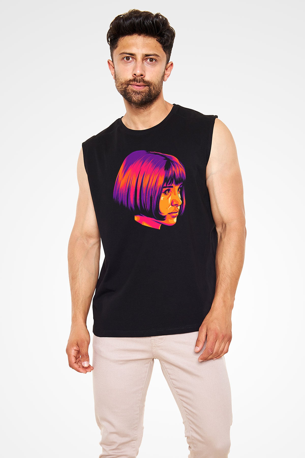 Leon Baskılı Unisex Siyah Kolsuz Tişört - Tshirt
