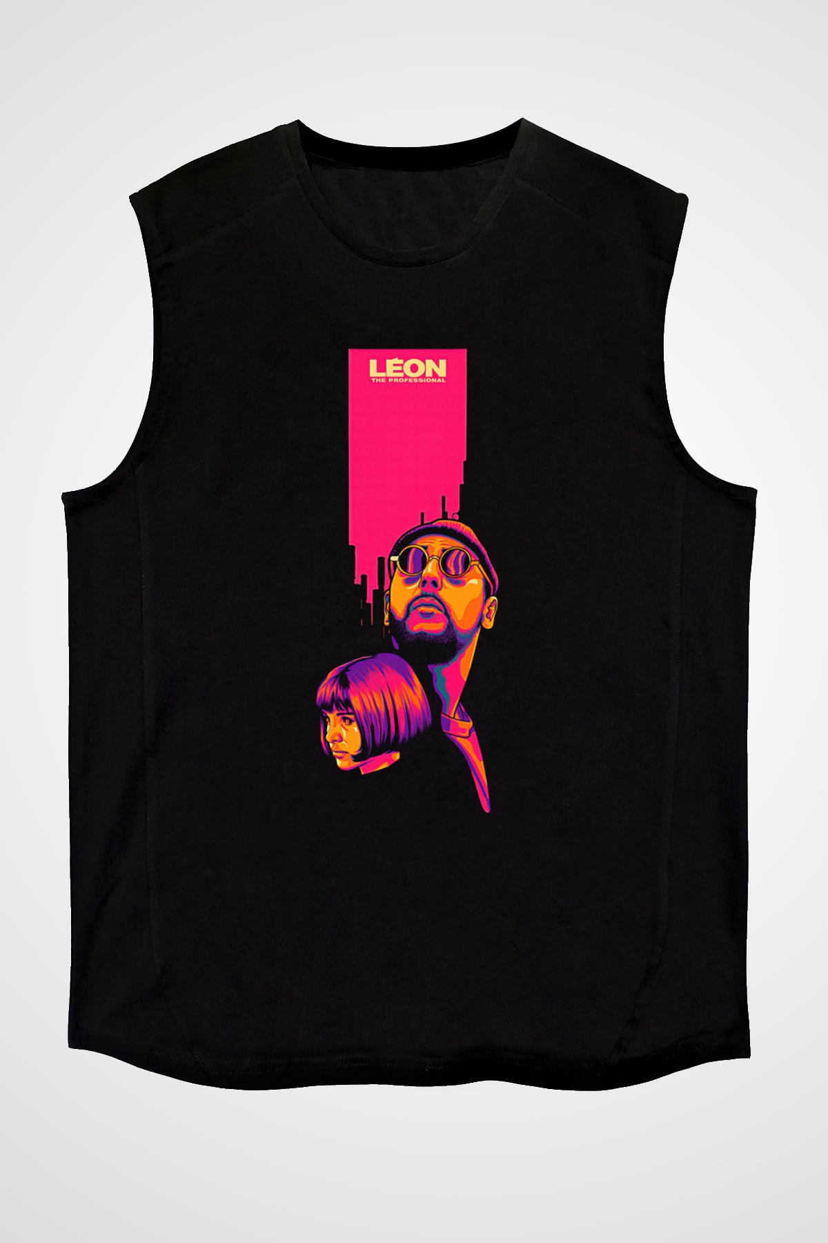 Leon Baskılı Unisex Siyah Kolsuz Tişört - Tshirt