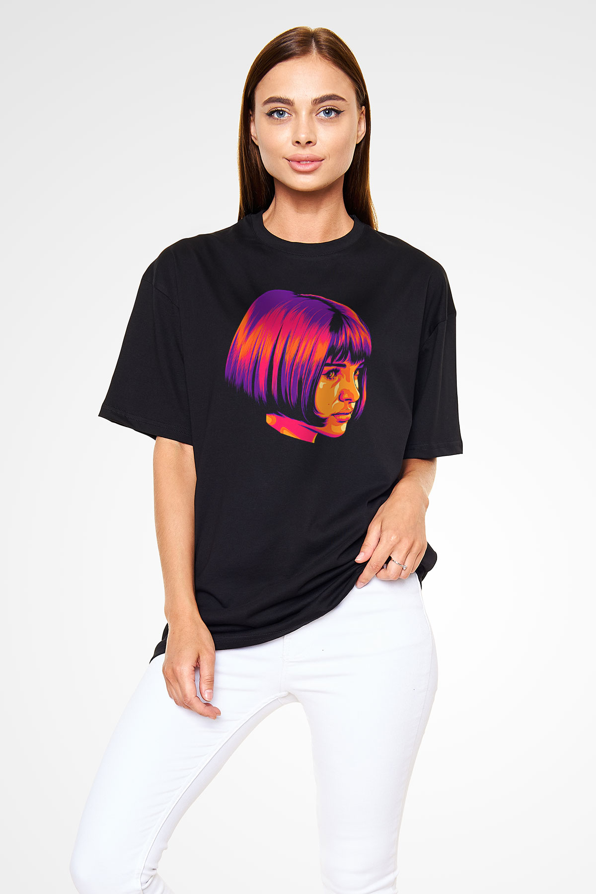 Leon Baskılı Unisex Siyah Oversize Tişört - Tshirt
