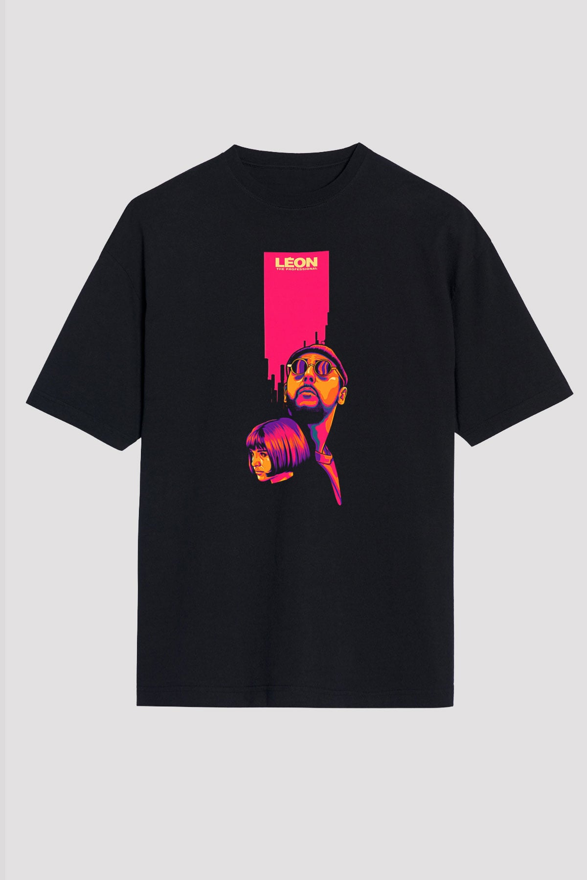 Leon Baskılı Unisex Siyah Oversize Tişört - Tshirt