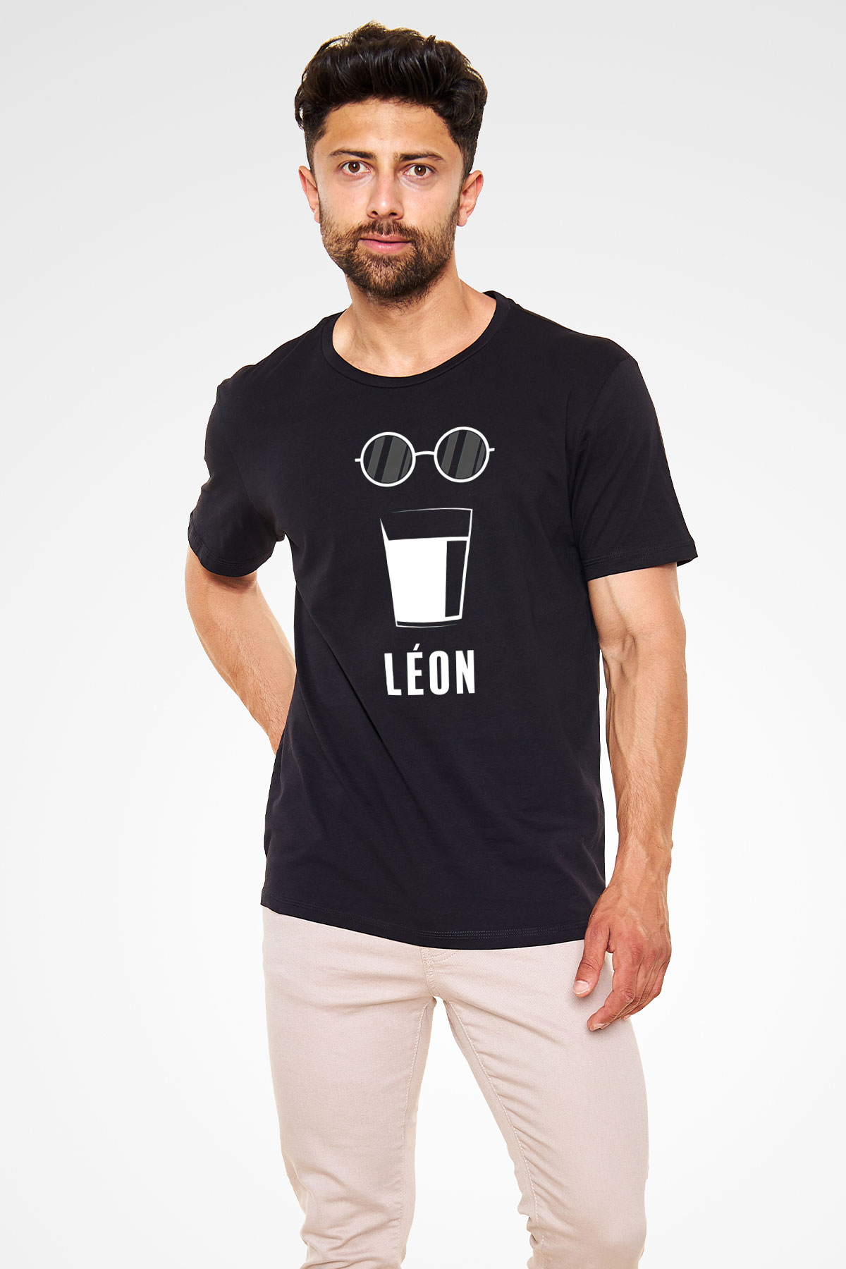 Leon Baskılı Unisex Siyah Tişört - Tshirt