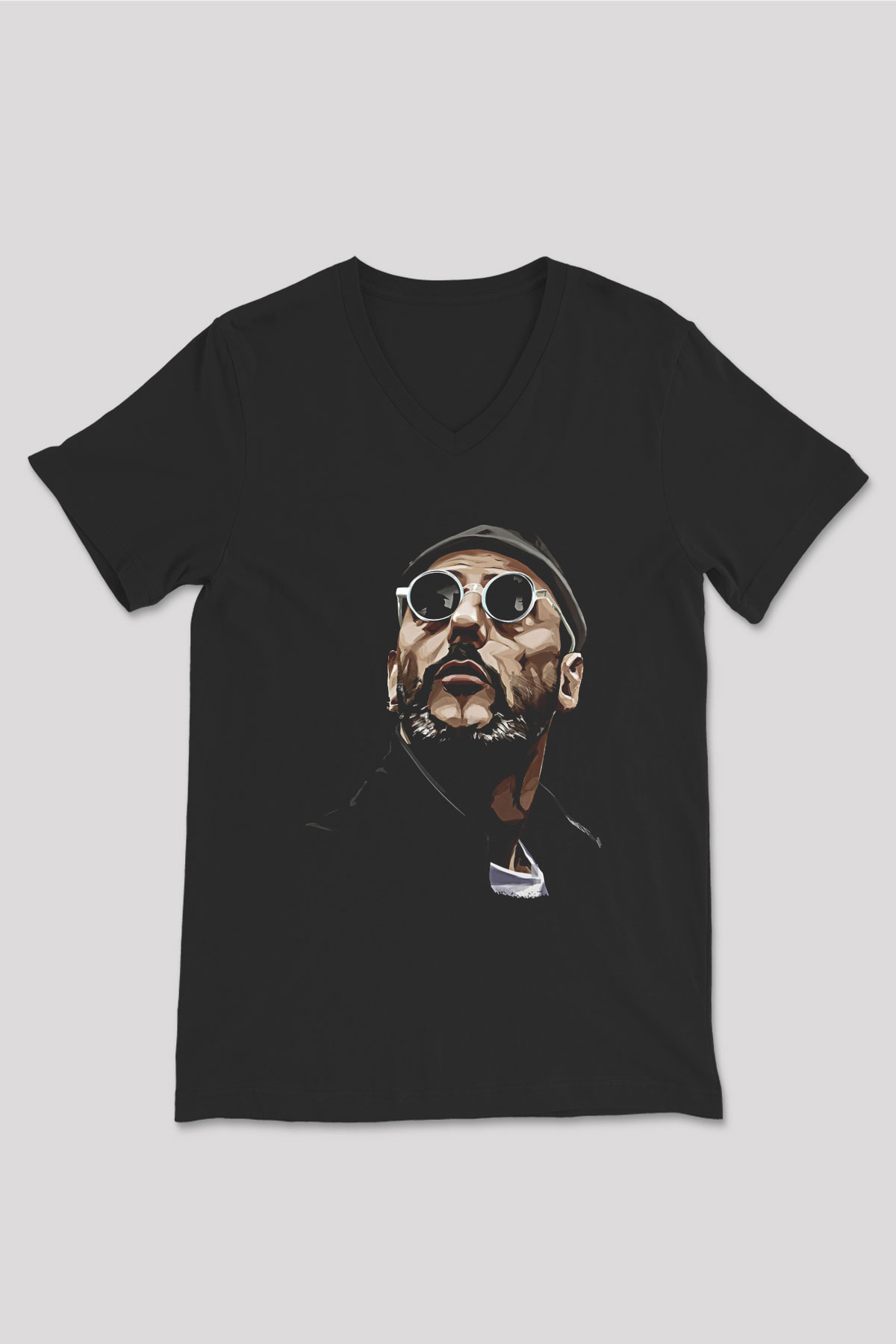 Leon Baskılı Unisex Siyah V Yaka Tişört - Tshirt