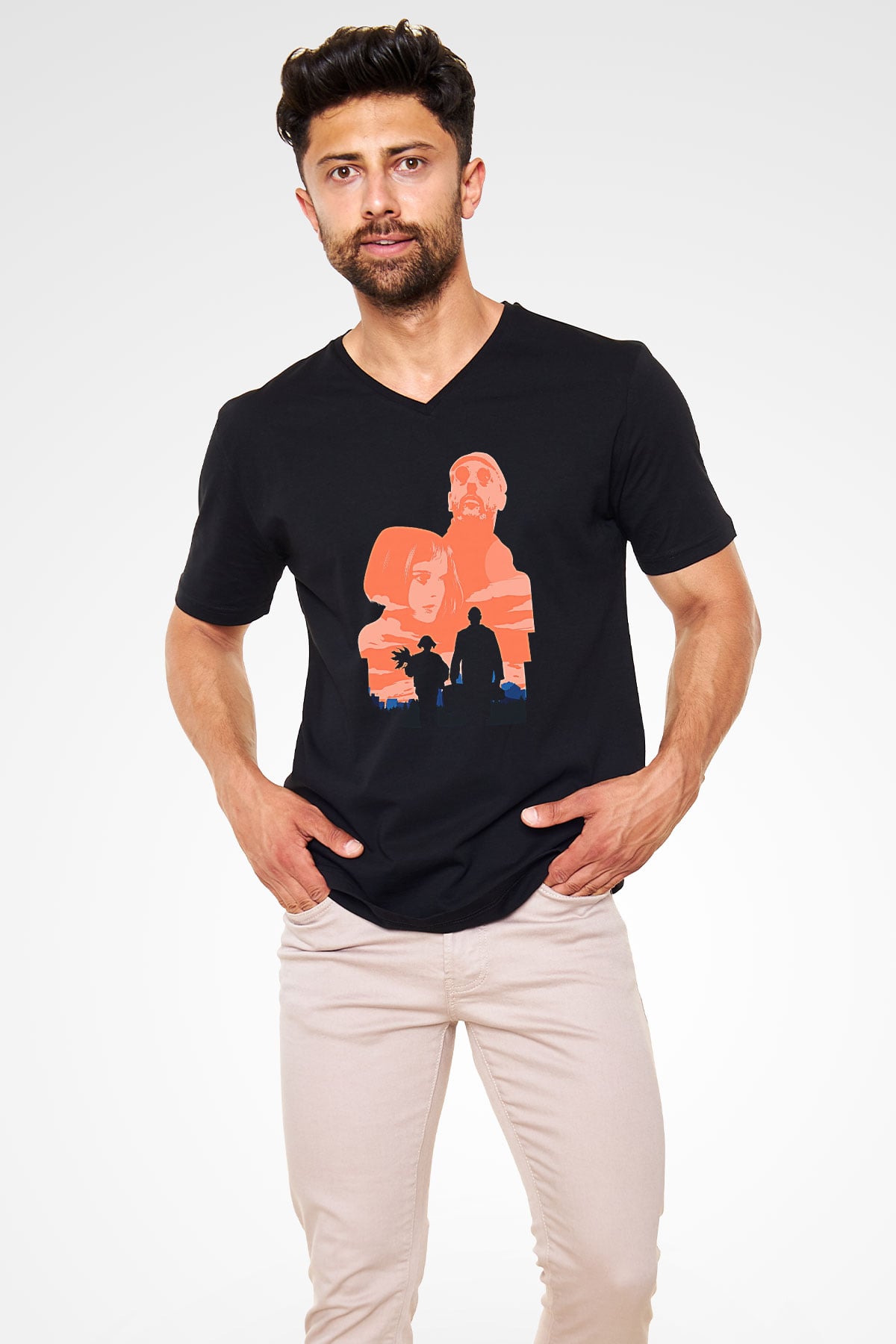 Leon Baskılı Unisex Siyah V Yaka Tişört - Tshirt