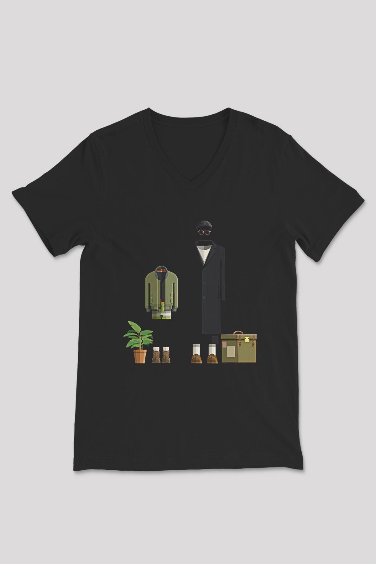 Leon Baskılı Unisex Siyah V Yaka Tişört - Tshirt