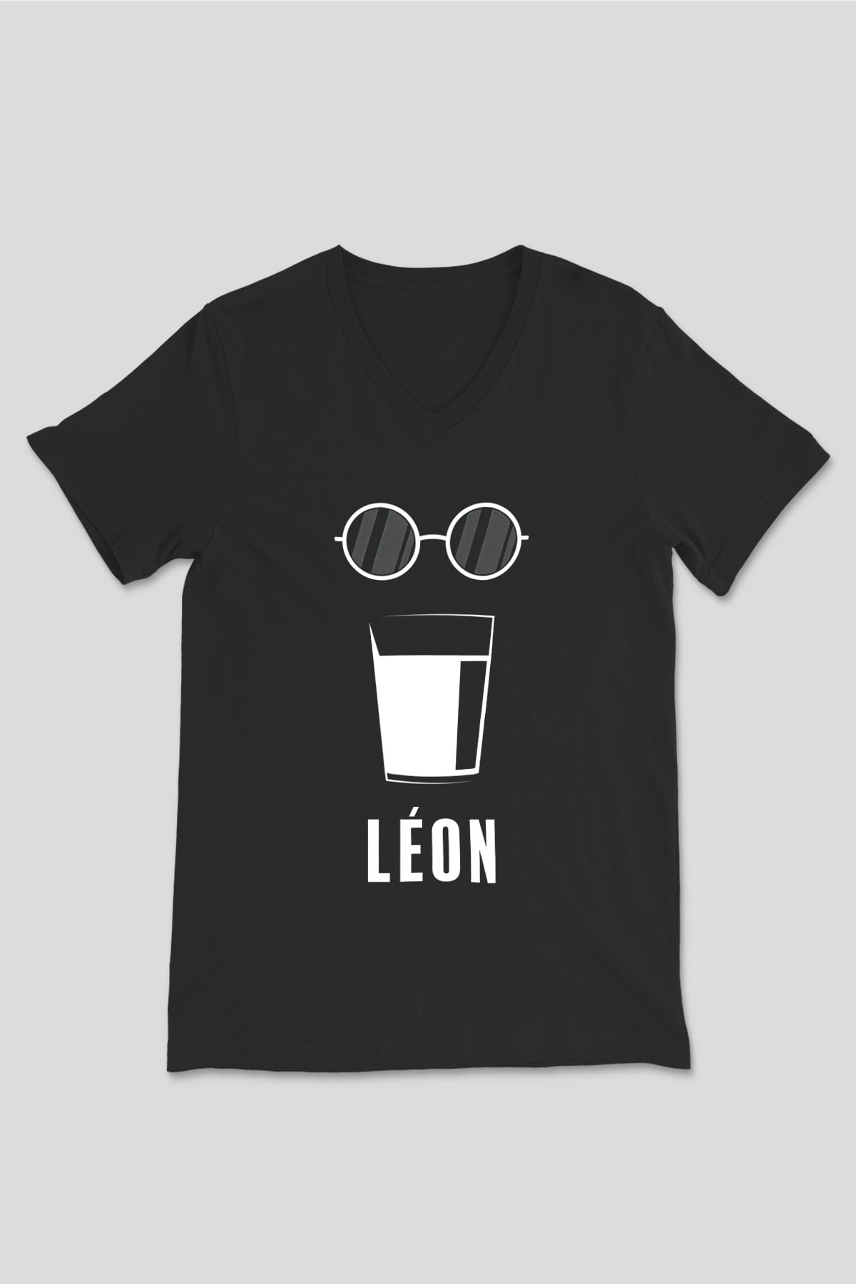 Leon Baskılı Unisex Siyah V Yaka Tişört - Tshirt