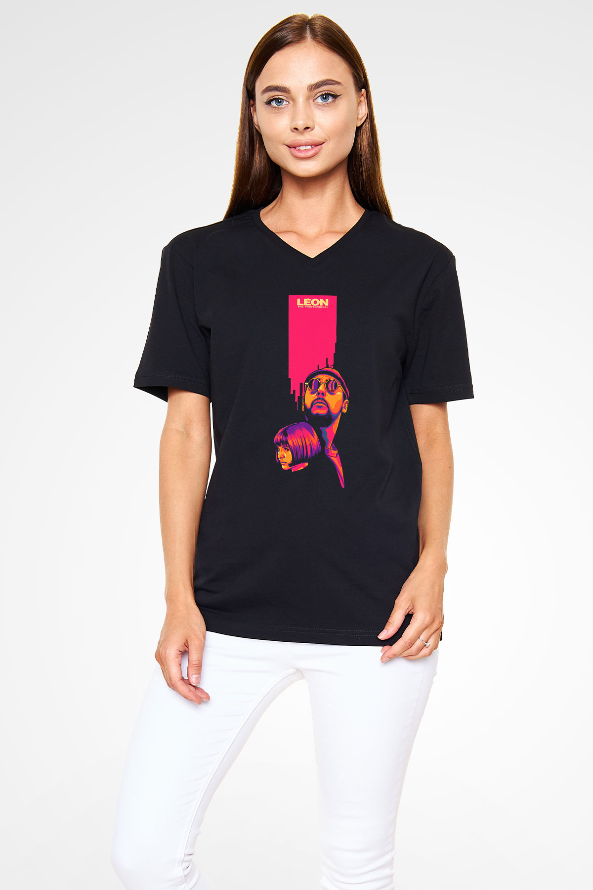 Leon Baskılı Unisex Siyah V Yaka Tişört - Tshirt