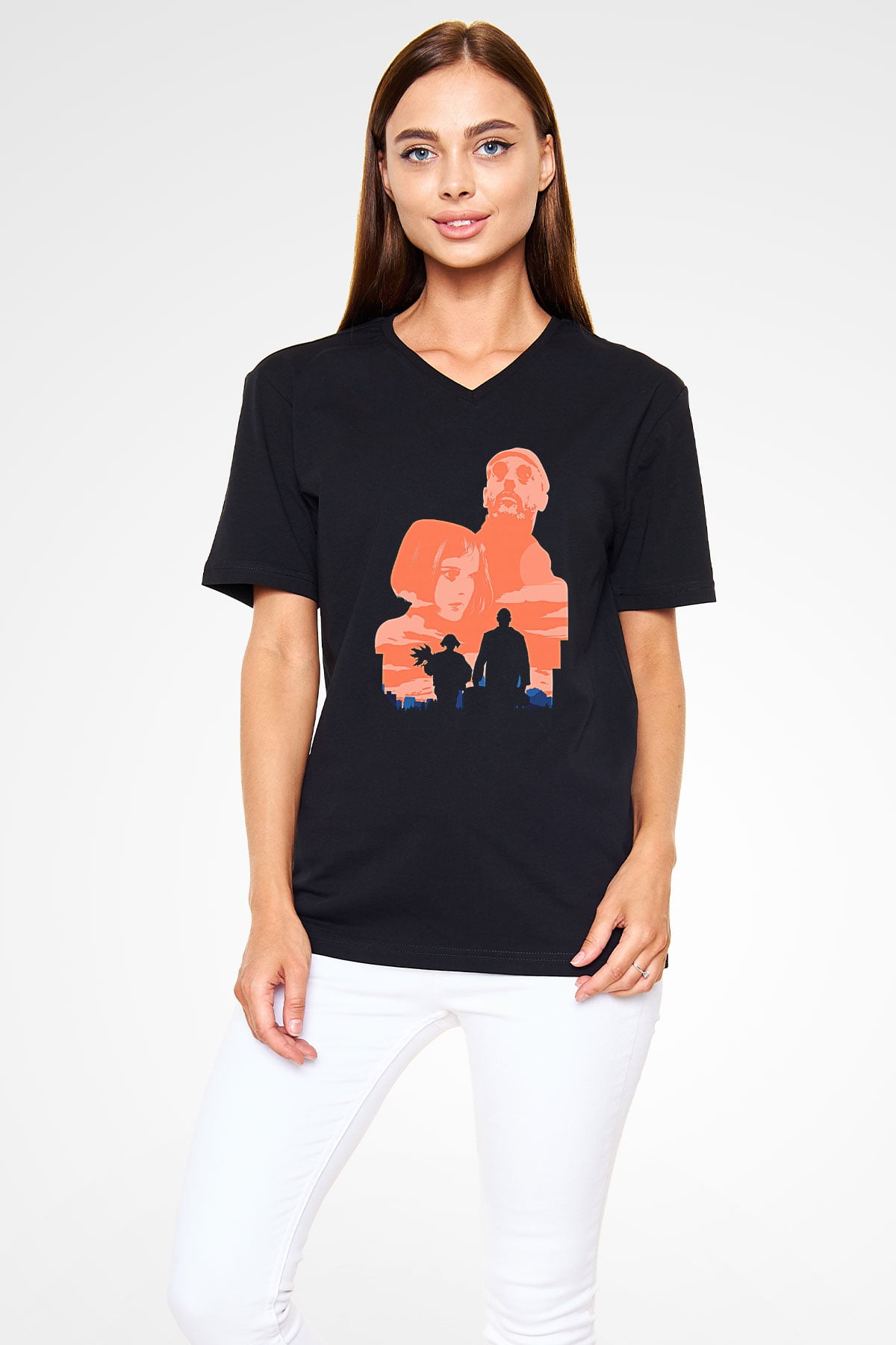 Leon Baskılı Unisex Siyah V Yaka Tişört - Tshirt
