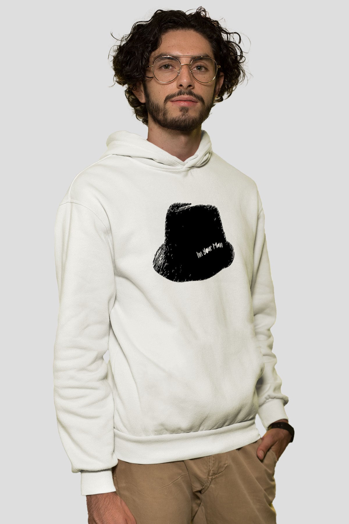 Leonard Cohen Baskılı Beyaz Unisex Kapüşonlu Sweatshirt