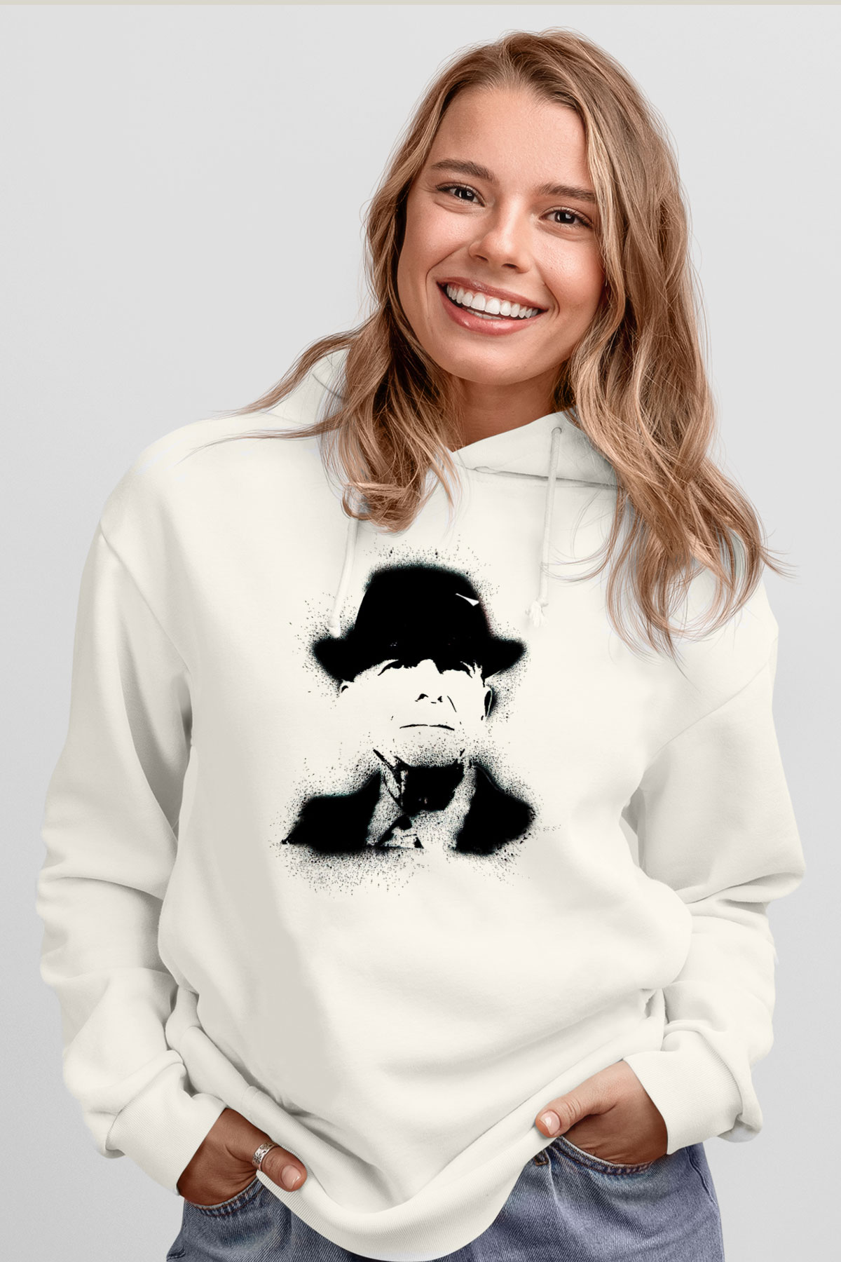 Leonard Cohen Baskılı Beyaz Unisex Kapüşonlu Sweatshirt