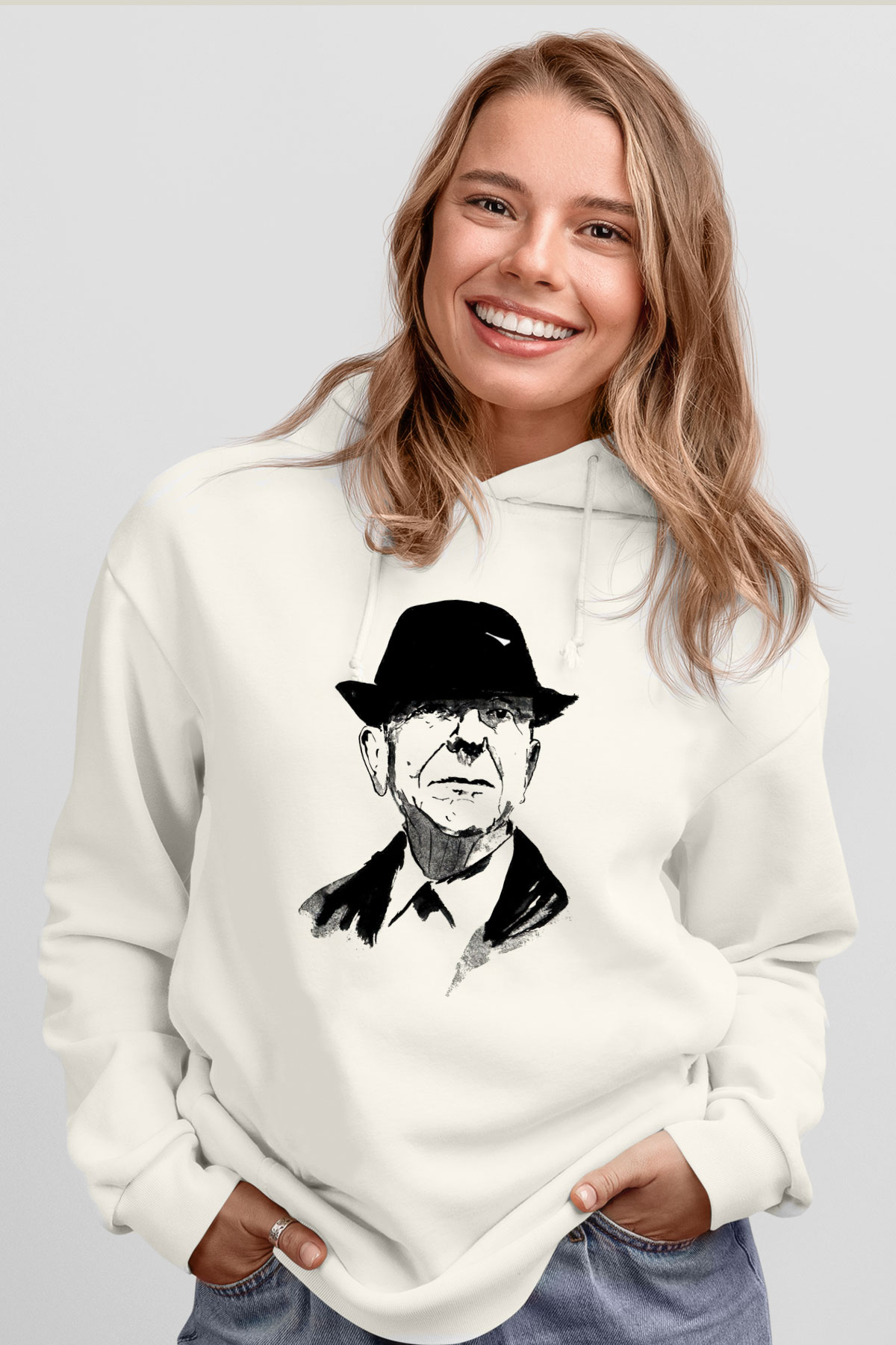 Leonard Cohen Baskılı Beyaz Unisex Kapüşonlu Sweatshirt