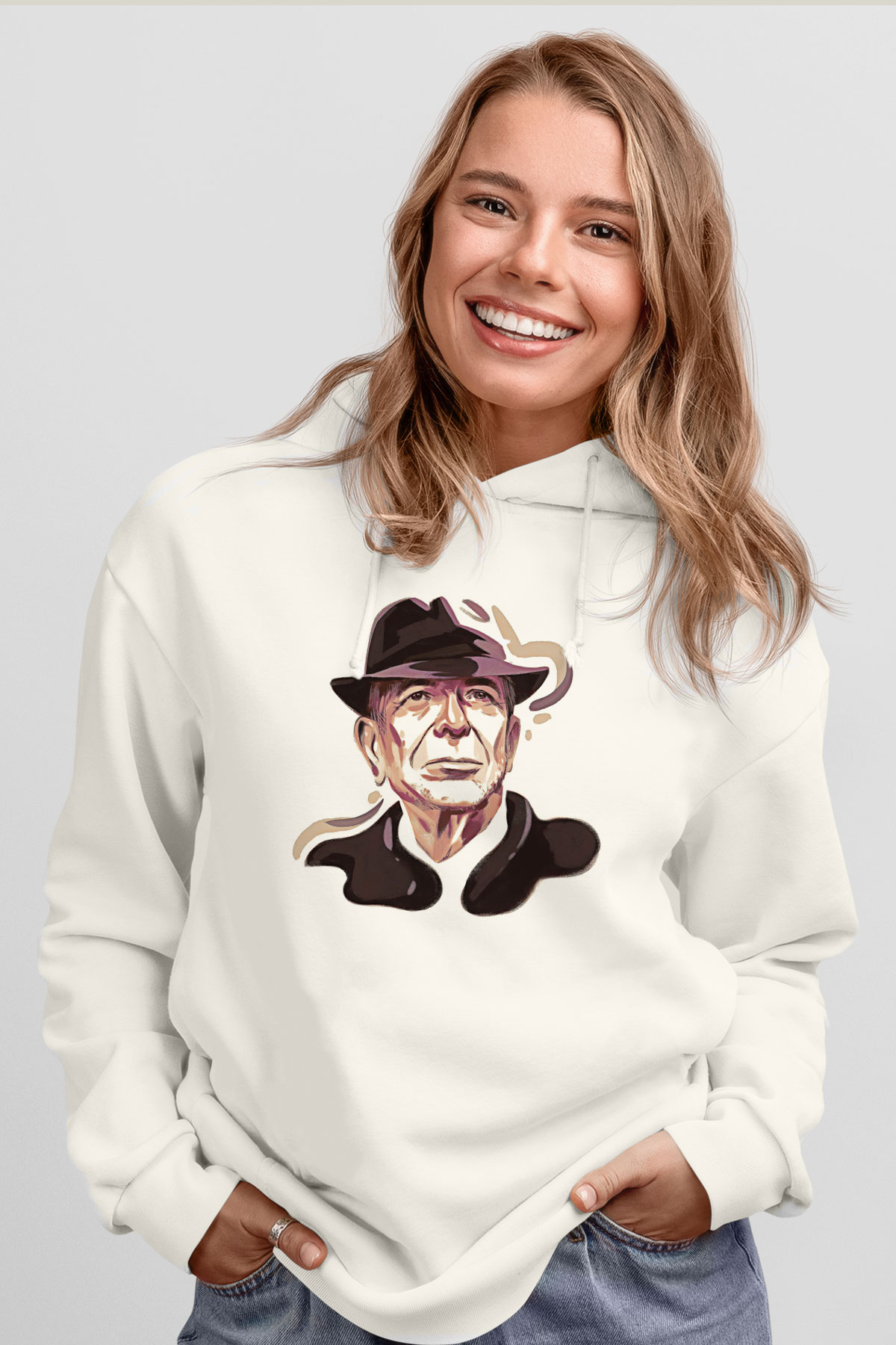 Leonard Cohen Baskılı Beyaz Unisex Kapüşonlu Sweatshirt