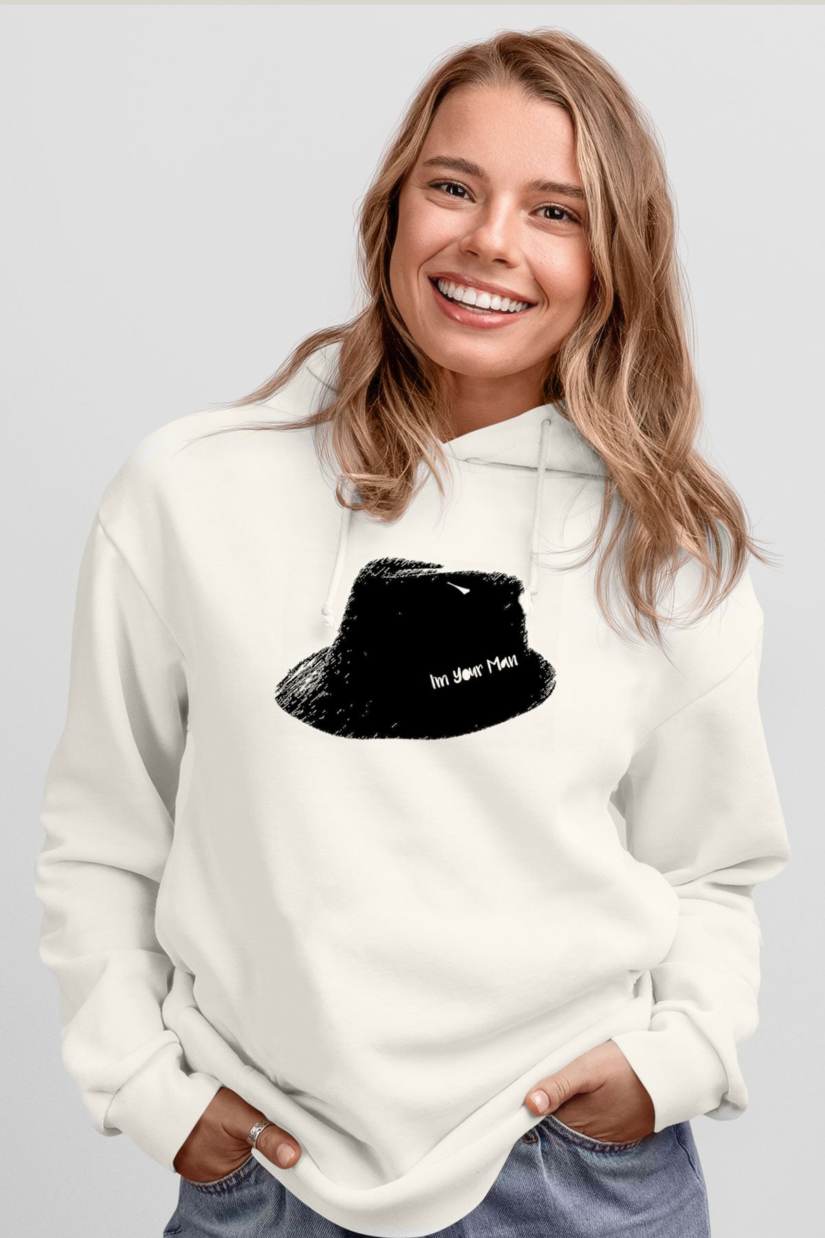 Leonard Cohen Baskılı Beyaz Unisex Kapüşonlu Sweatshirt