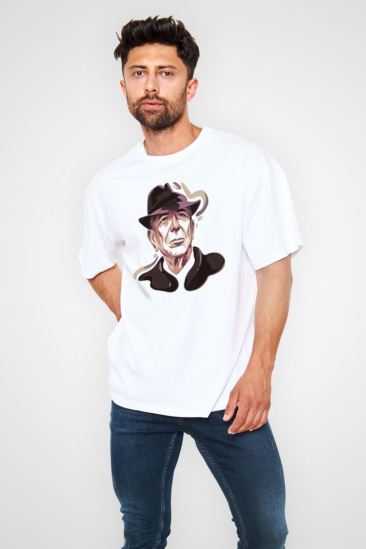 Leonard Cohen Baskılı Beyaz Unisex Oversize Tişört - Tshirt