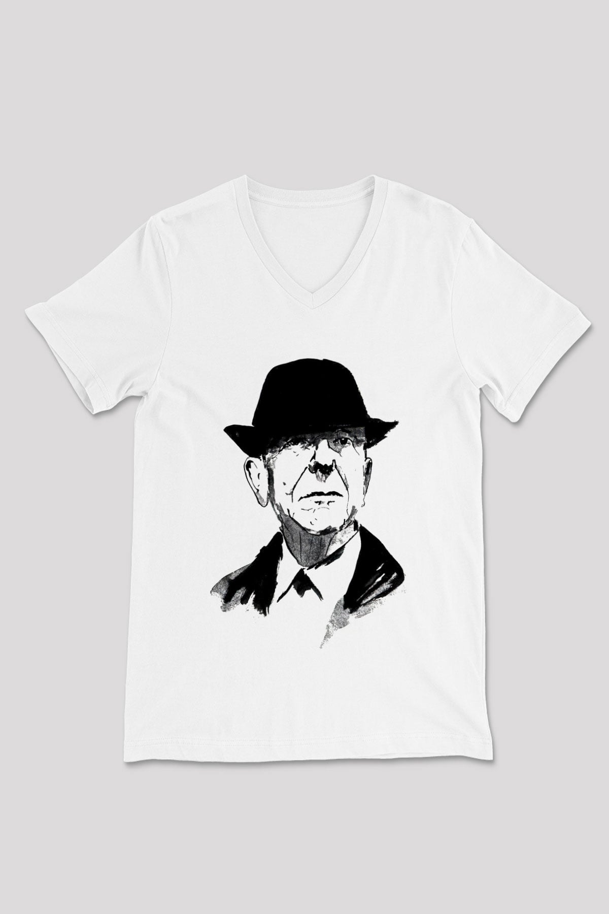 Leonard Cohen Baskılı Beyaz Unisex V Yaka Tişört - Tshirt
