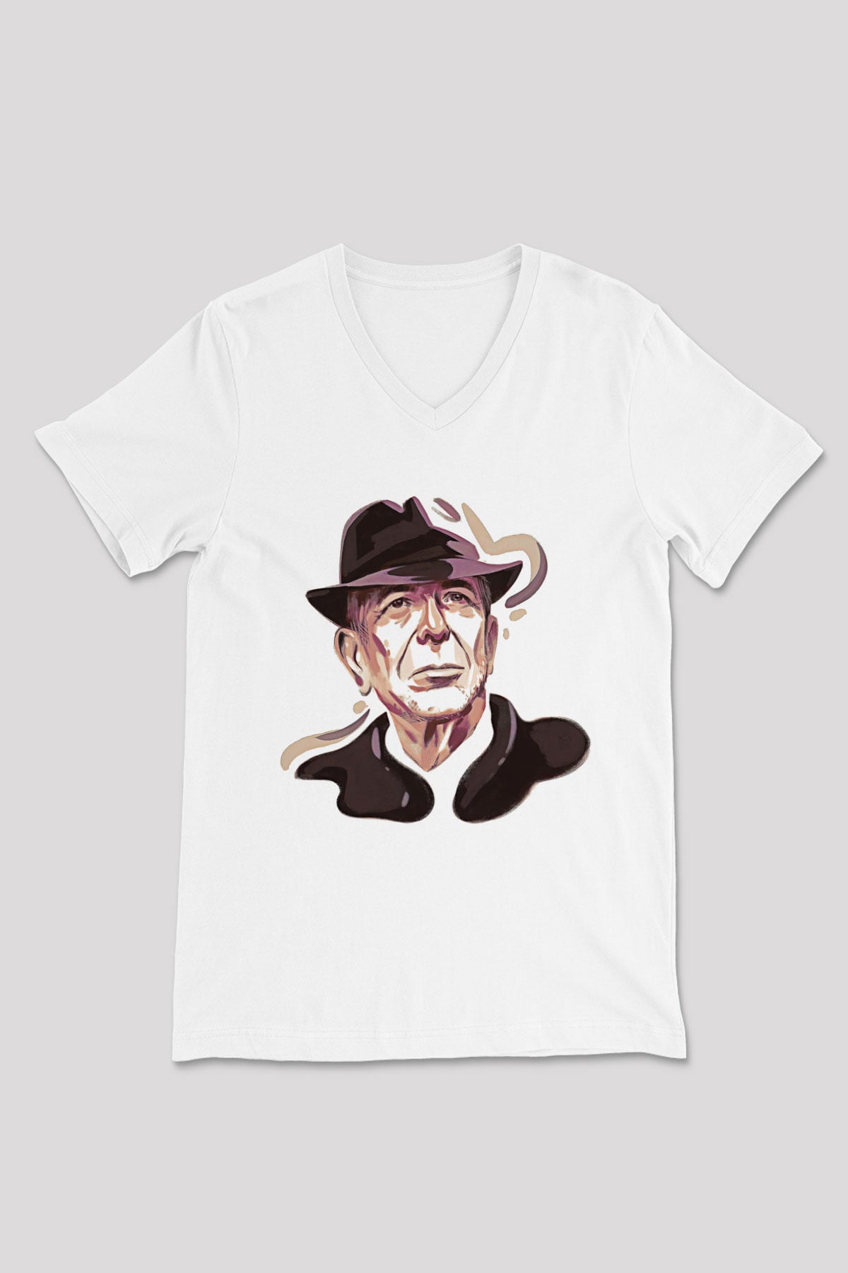 Leonard Cohen Baskılı Beyaz Unisex V Yaka Tişört - Tshirt