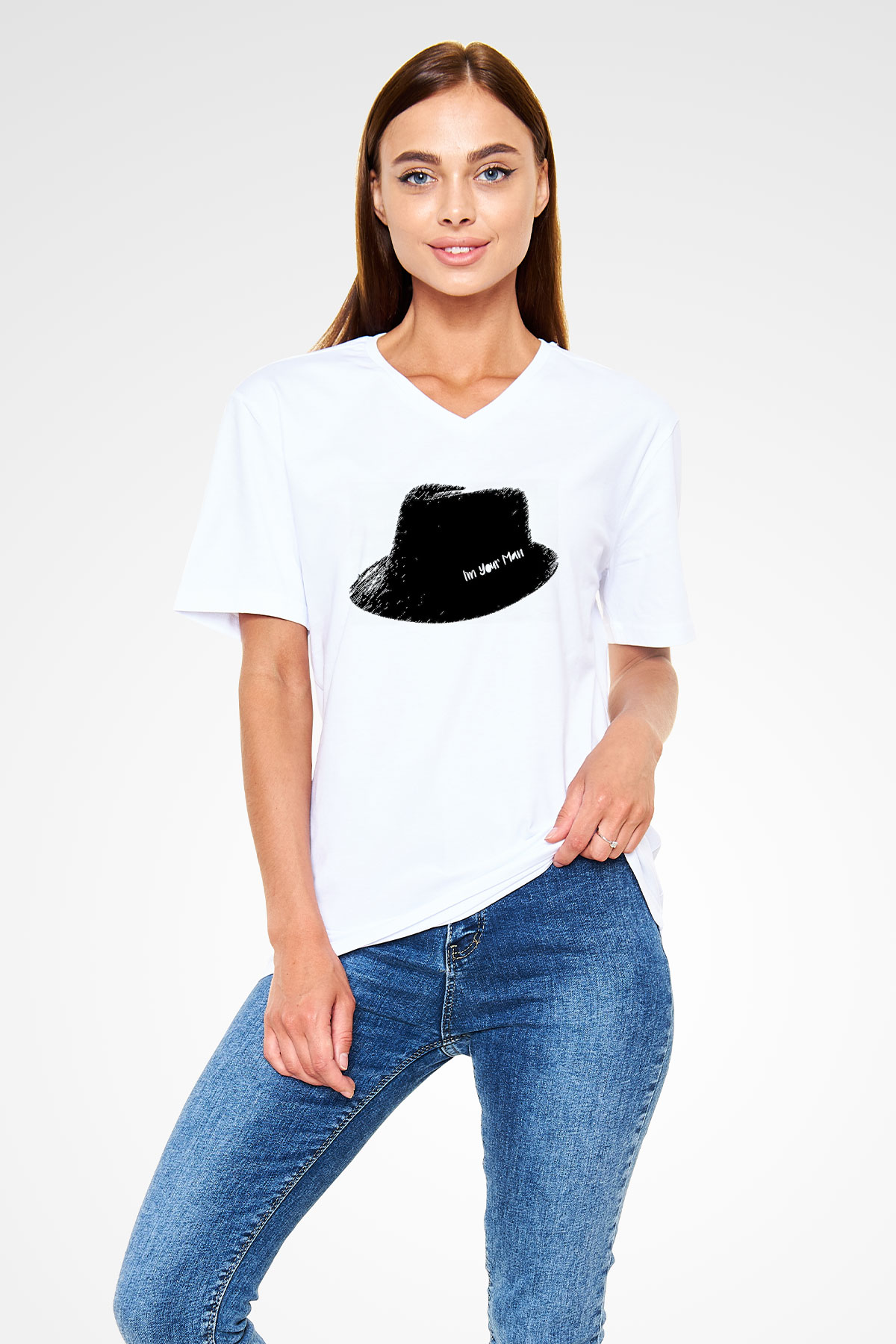 Leonard Cohen Baskılı Beyaz Unisex V Yaka Tişört - Tshirt