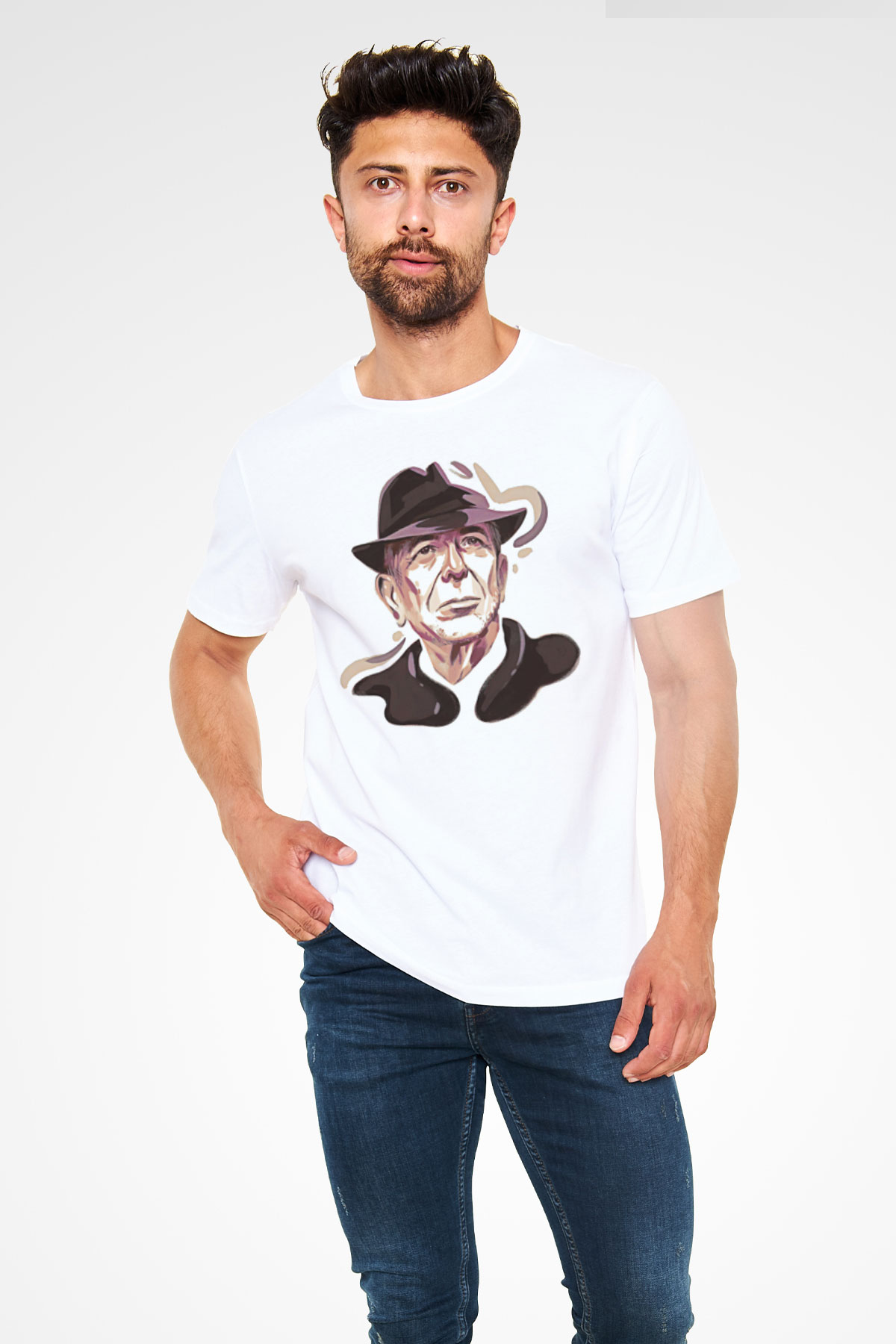 Leonard Cohen Baskılı Unisex Beyaz Tişört - Tshirt