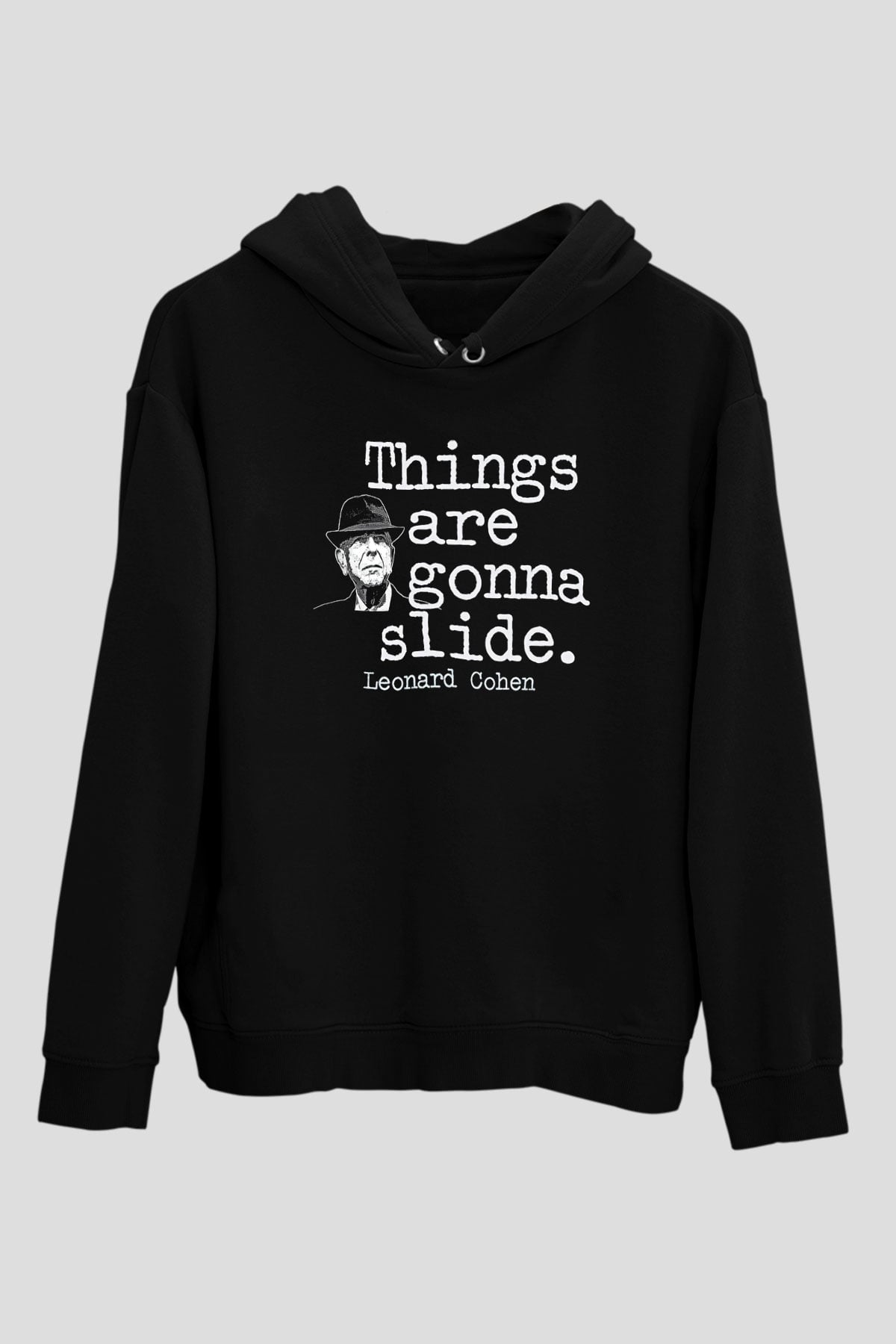 Leonard Cohen Baskılı Unisex Siyah Kapüşonlu Sweatshirt