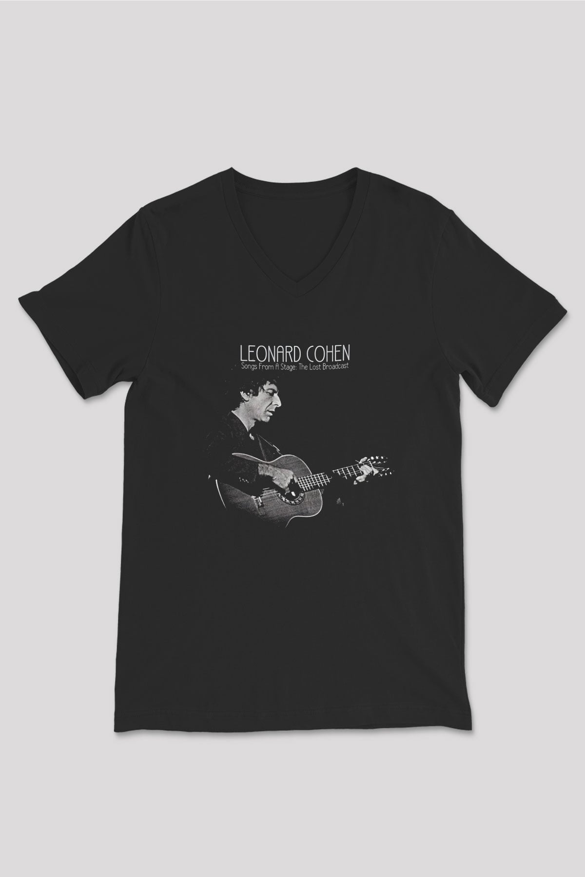 Leonard Cohen Baskılı Unisex Siyah V Yaka Tişört - Tshirt