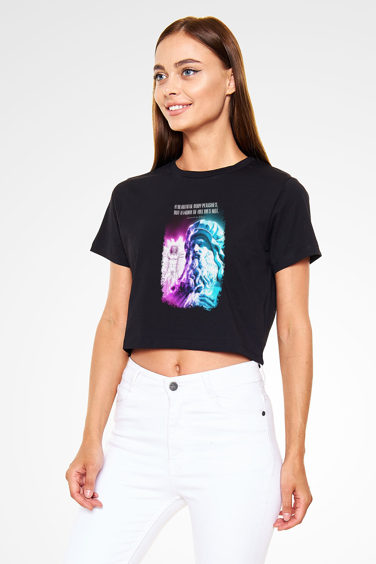 Leonardo Da Vinci Alıntı Baskılı Crop Top Kadın Tİşört - Tshirt