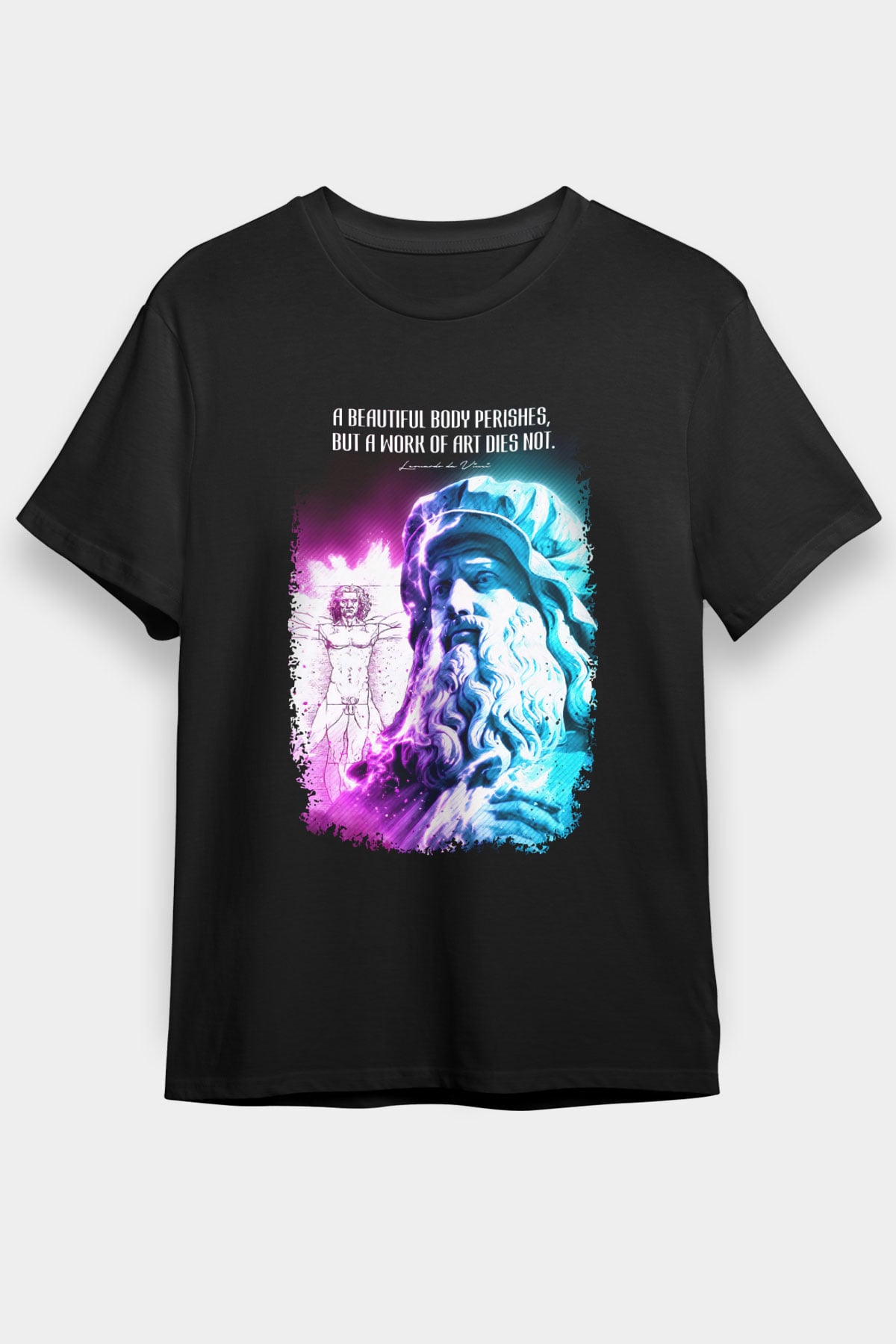 Leonardo Da Vinci Alıntı Baskılı Unisex Siyah Tişört - Tshirt