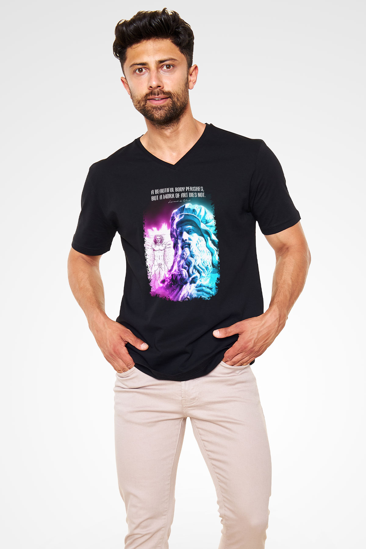 Leonardo Da Vinci Alıntı Baskılı Unisex V Yaka Siyah Tİşört - Tshirt