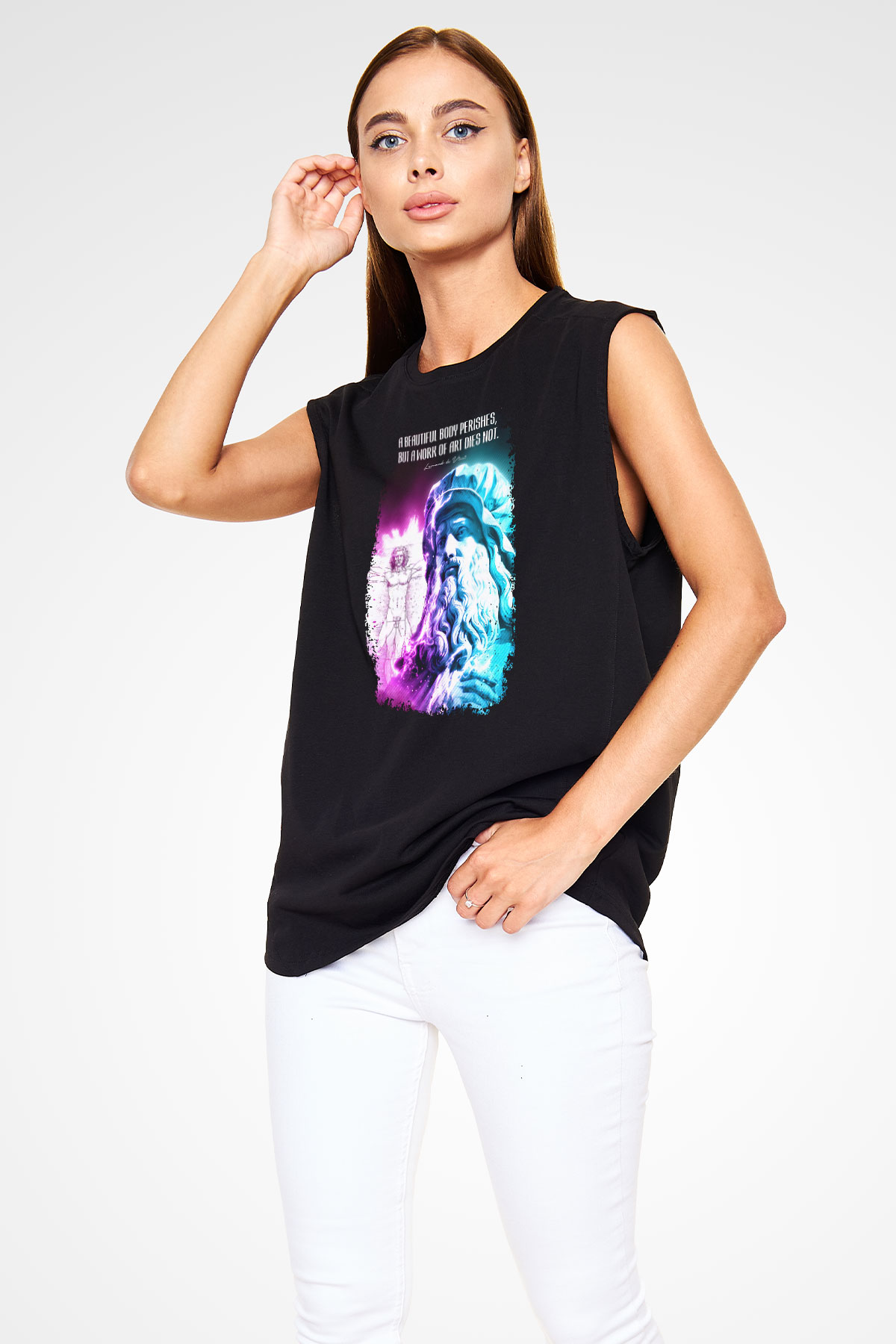 Leonardo Da Vinci Alıntı Baskılı Unisex Kolsuz Siyah Tişört - Tshirt