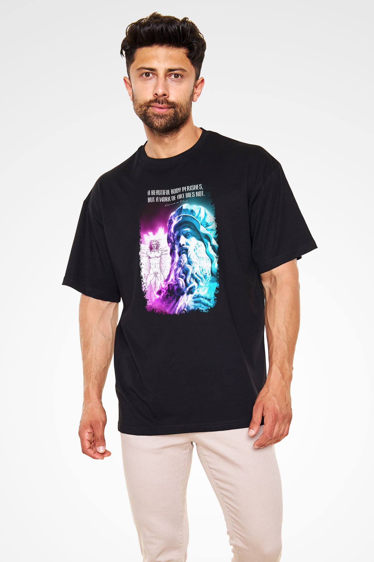 Leonardo Da Vinci Alıntı Baskılı Unisex Oversize Tişört - Tshirt