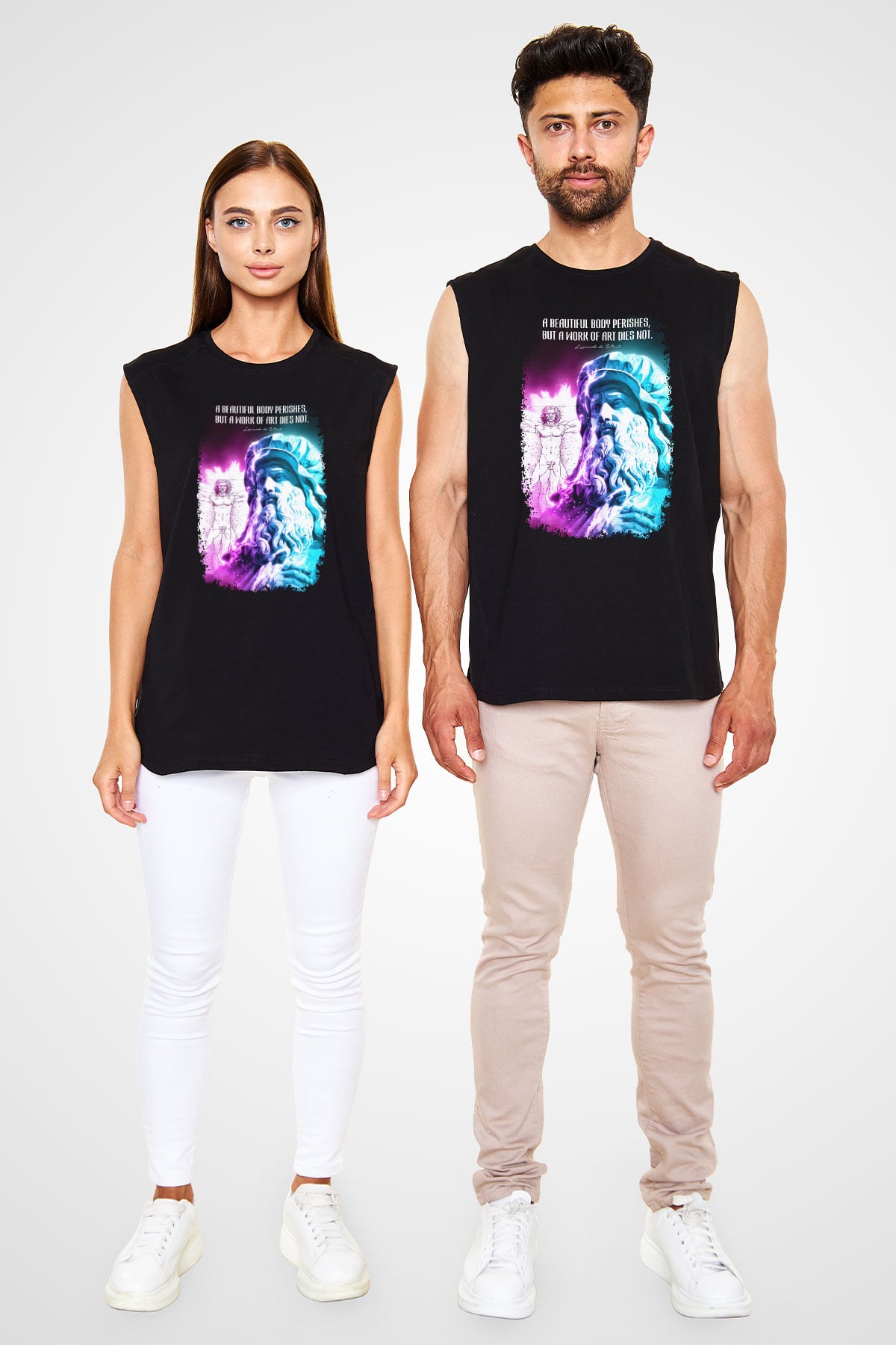 Leonardo Da Vinci Alıntı Baskılı Unisex Kolsuz Siyah Tişört - Tshirt