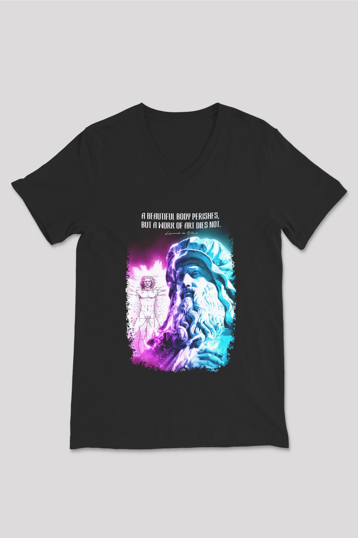 Leonardo Da Vinci Alıntı Baskılı Unisex V Yaka Siyah Tİşört - Tshirt
