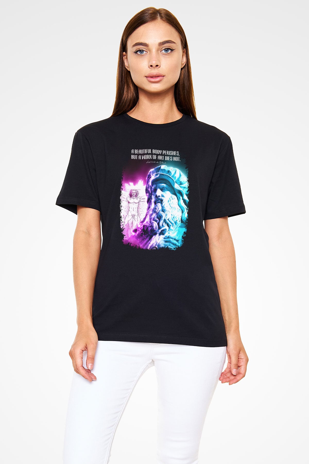 Leonardo Da Vinci Alıntı Baskılı Unisex Siyah Tişört - Tshirt