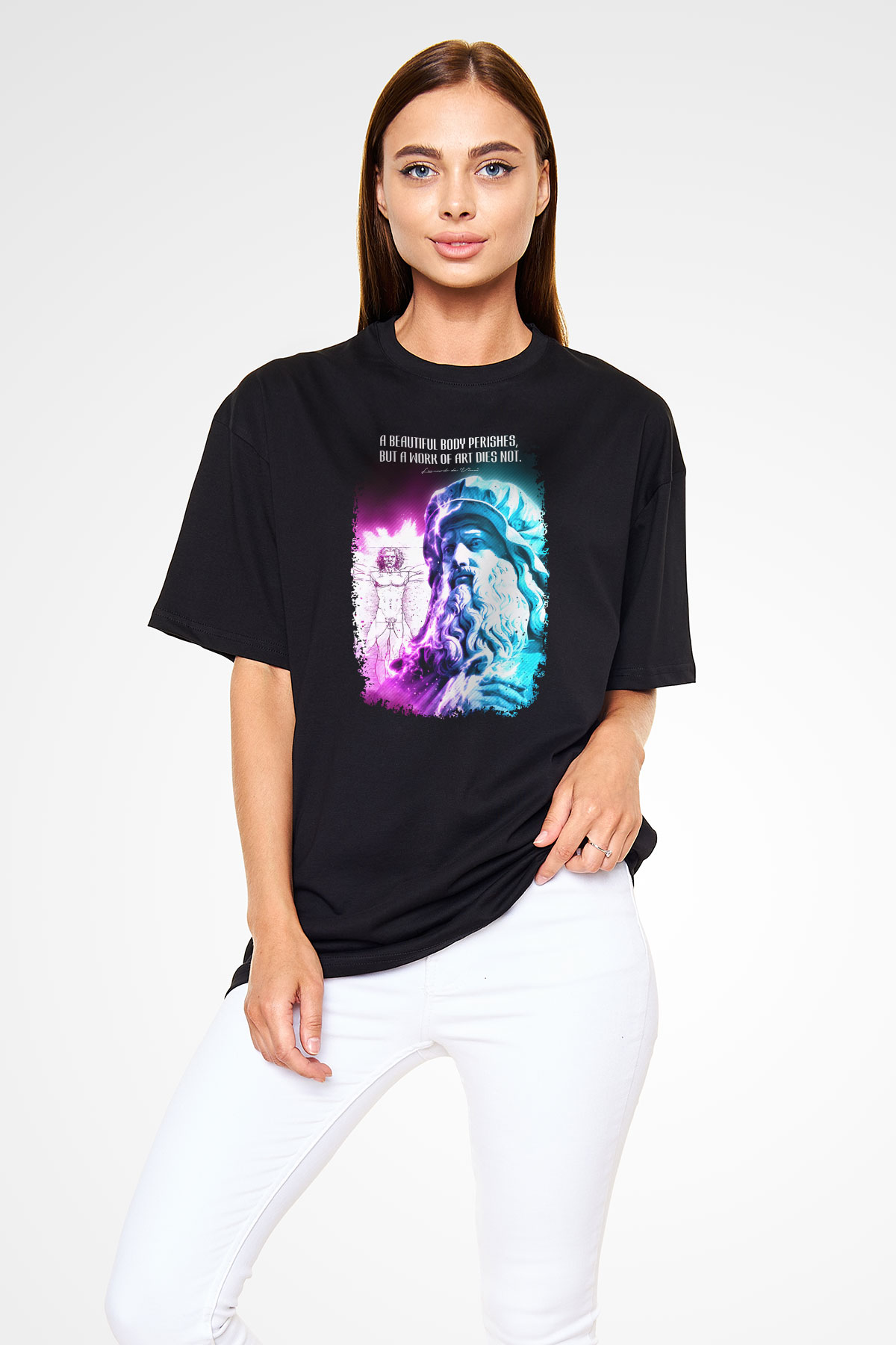 Leonardo Da Vinci Alıntı Baskılı Unisex Oversize Tişört - Tshirt