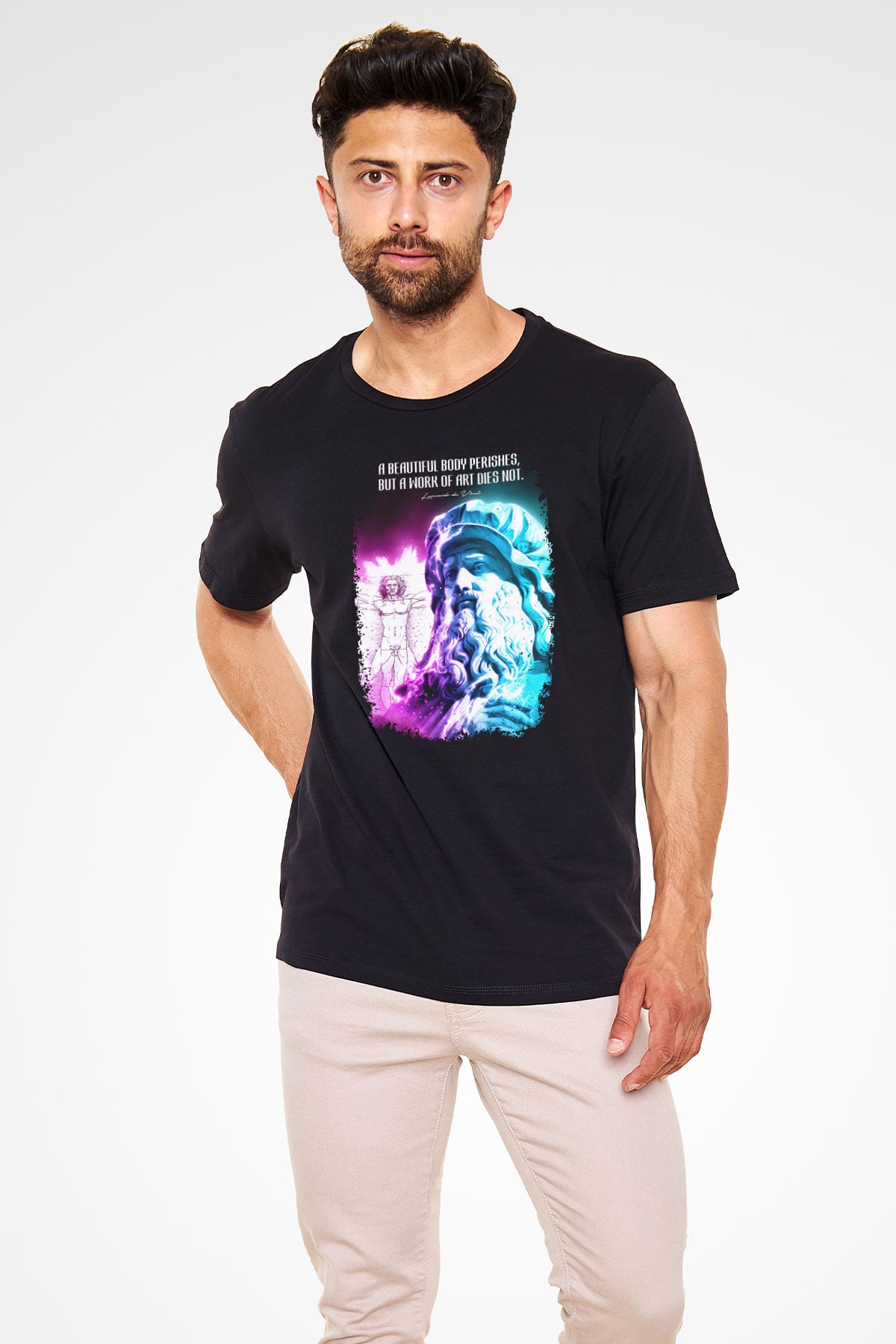 Leonardo Da Vinci Alıntı Baskılı Unisex Siyah Tişört - Tshirt