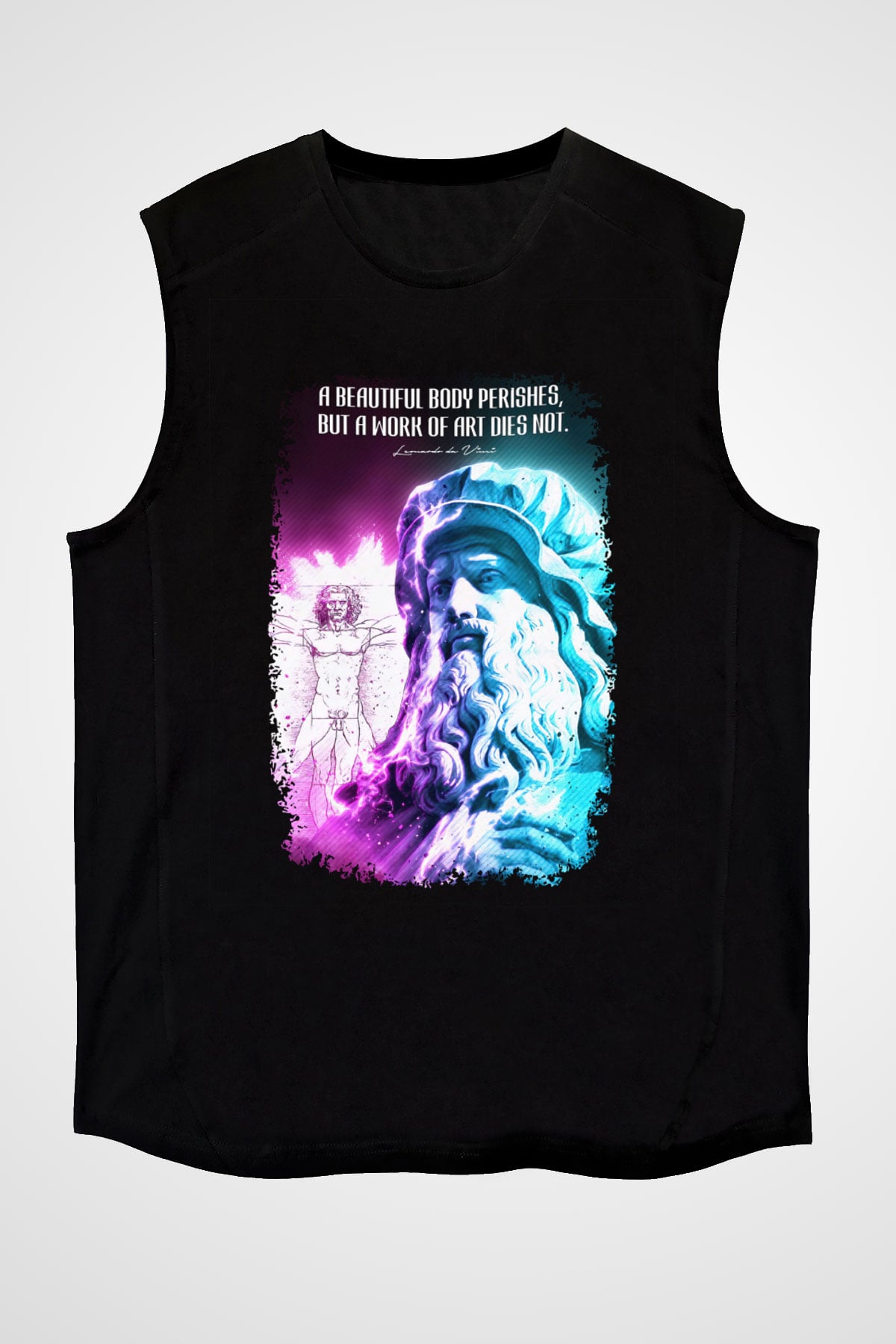 Leonardo Da Vinci Alıntı Baskılı Unisex Kolsuz Siyah Tişört - Tshirt