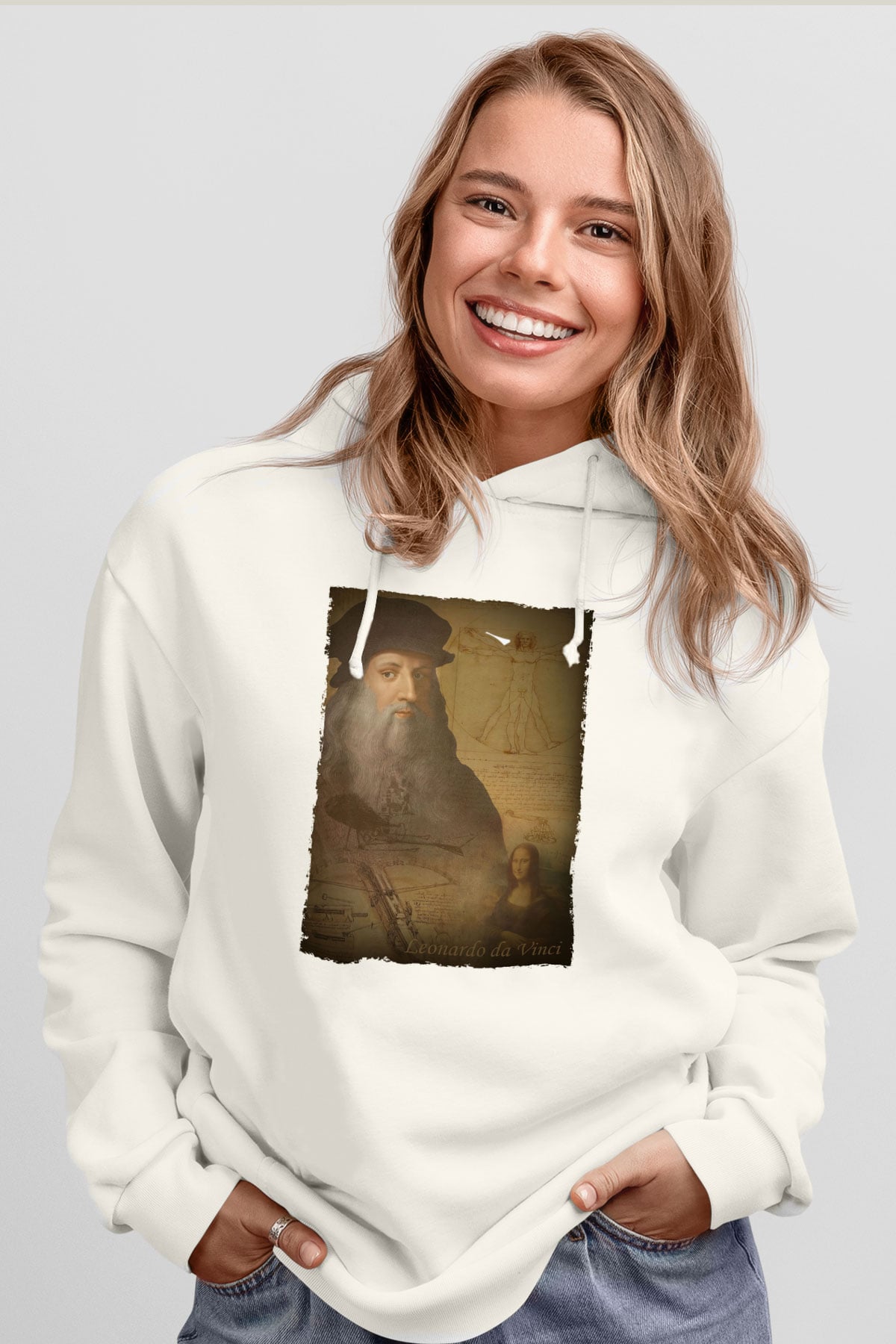 Leonardo da Vinci Baskılı Unisex Ekru Hoodie