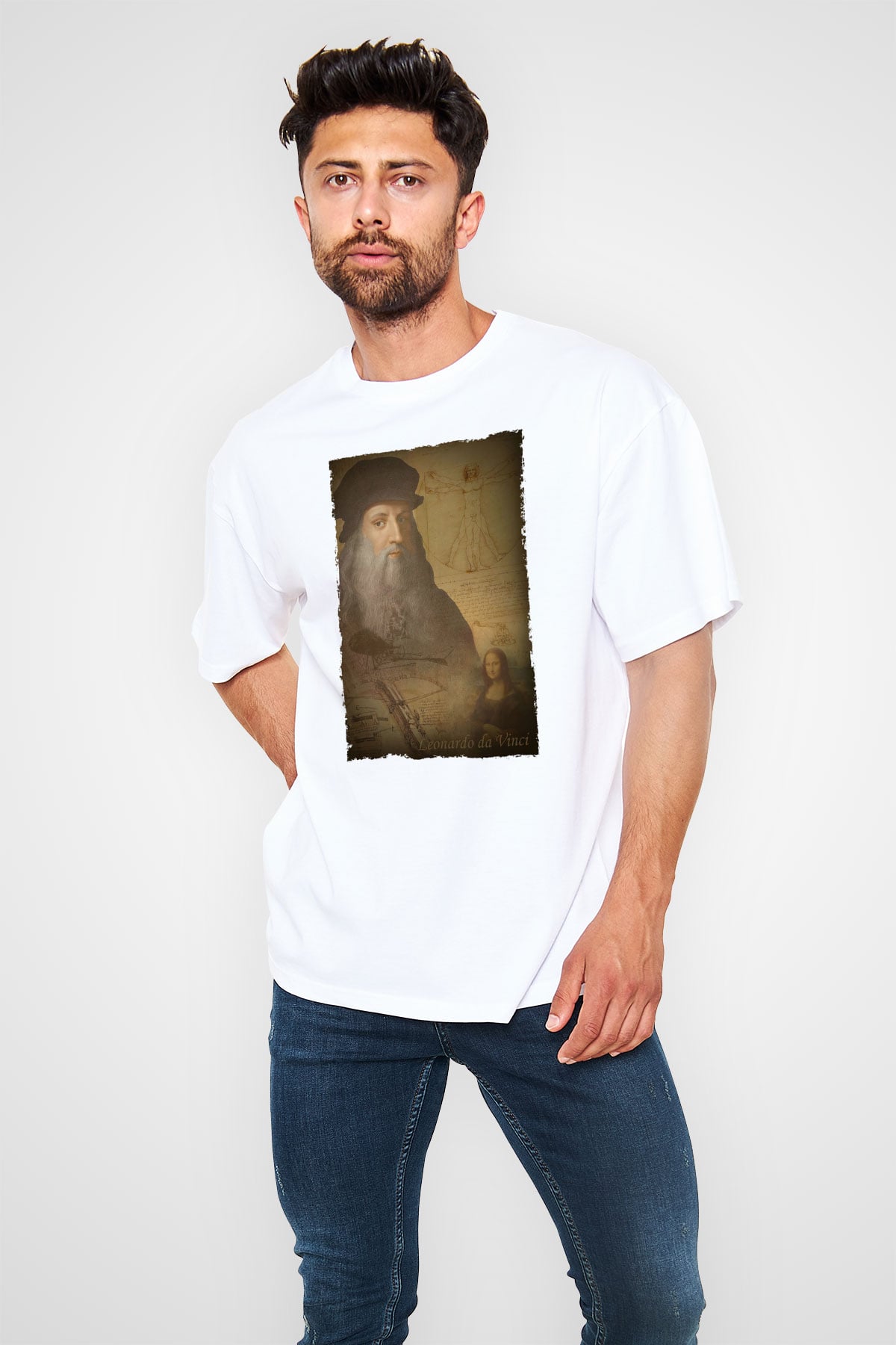 Leonardo da Vinci Baskılı Unisex Oversize Beyaz Tişört - Tshirt