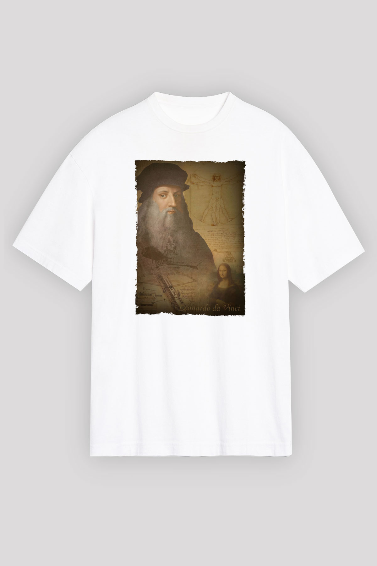 Leonardo da Vinci Baskılı Unisex Oversize Beyaz Tişört - Tshirt
