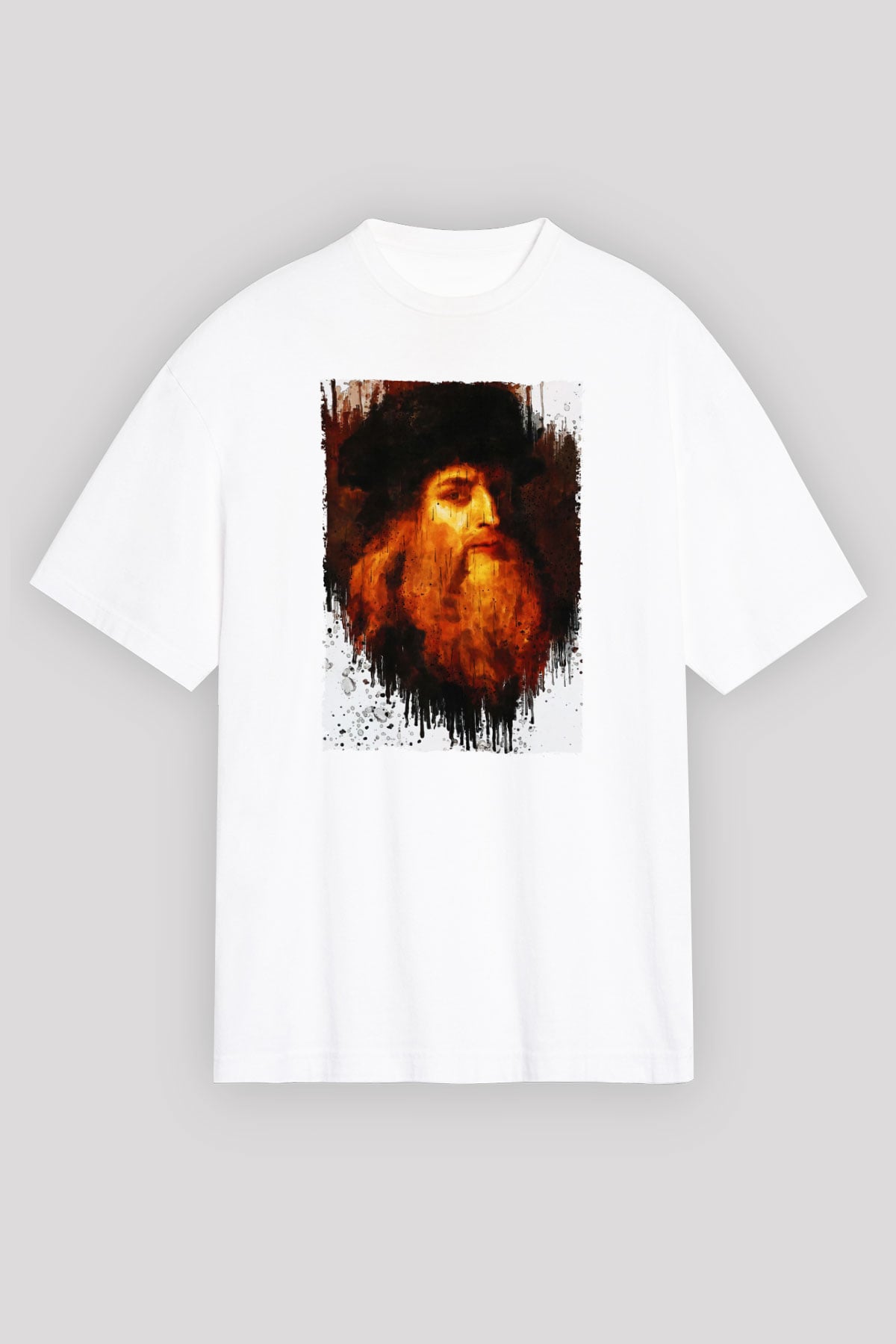 Leonardo da Vinci Portre Baskılı Unisex Oversize Beyaz Tişört - Tshirt