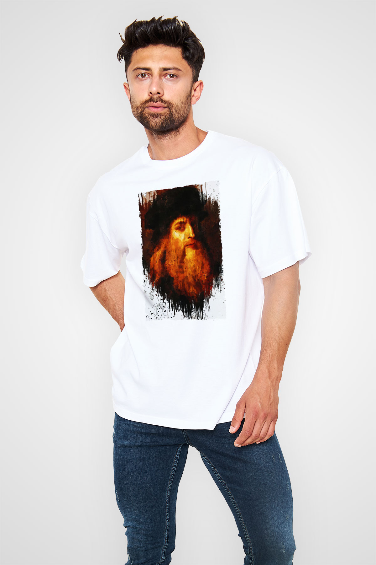 Leonardo da Vinci Portre Baskılı Unisex Oversize Beyaz Tişört - Tshirt