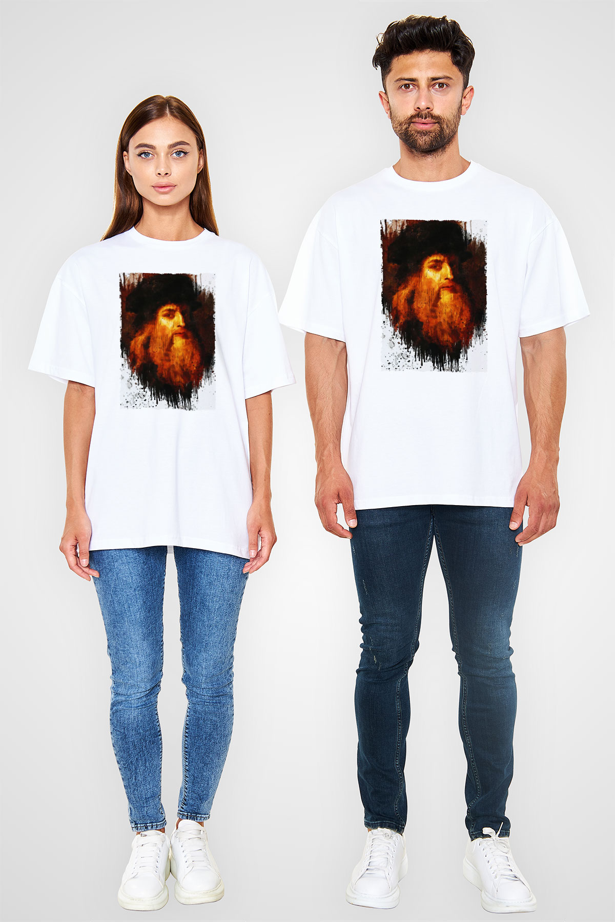 Leonardo da Vinci Portre Baskılı Unisex Oversize Beyaz Tişört - Tshirt