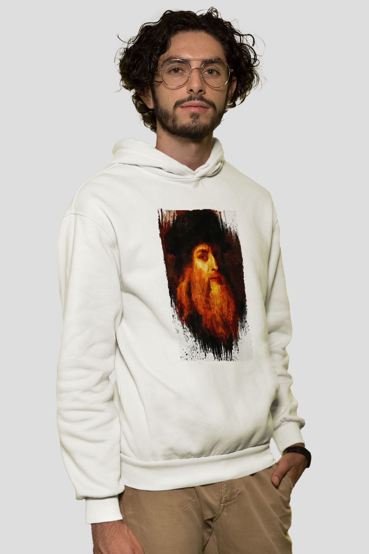 Leonardo da Vinci Portre Baskılı Unisex Ekru Hoodie