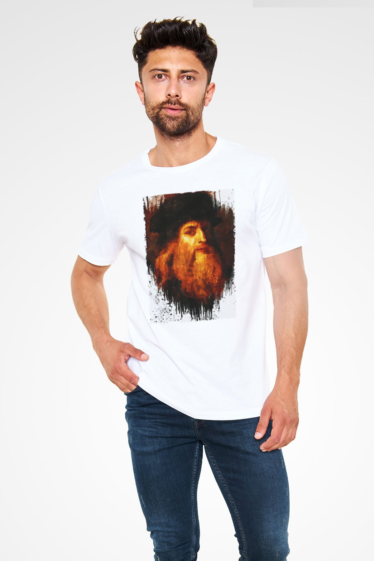 Leonardo da Vinci Portre Baskılı Unisex Beyaz Tişört - Tshirt