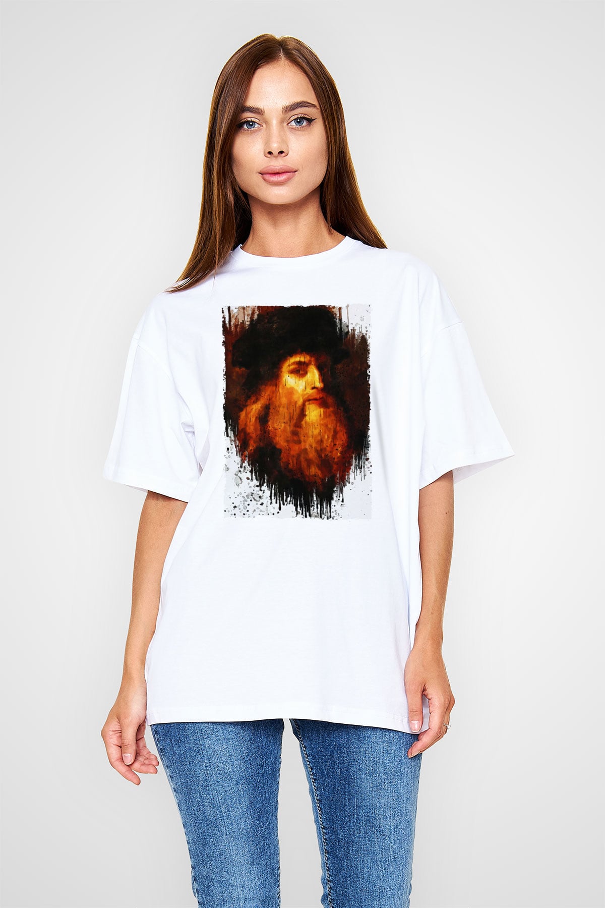 Leonardo da Vinci Portre Baskılı Unisex Oversize Beyaz Tişört - Tshirt