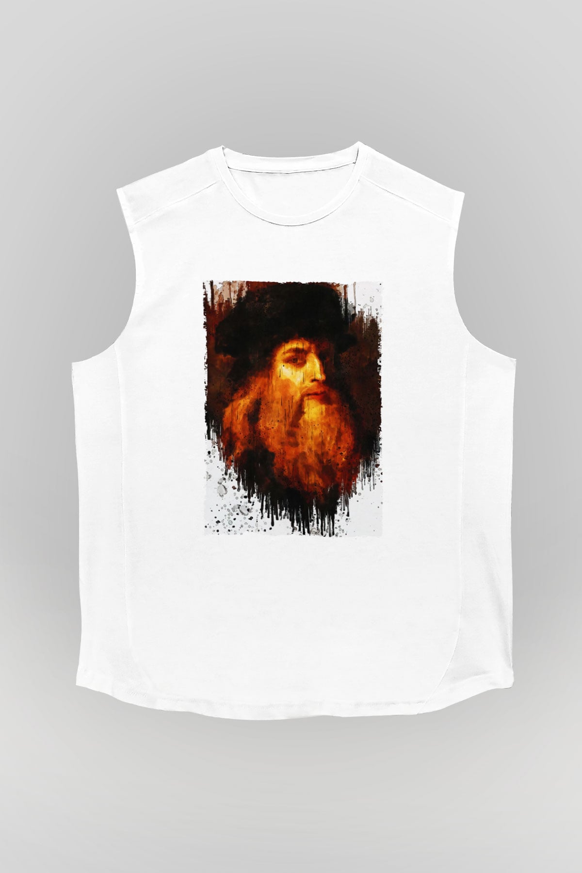 Leonardo da Vinci Portre Baskılı Unisex Kolsuz Beyaz Tişört - Tshirt