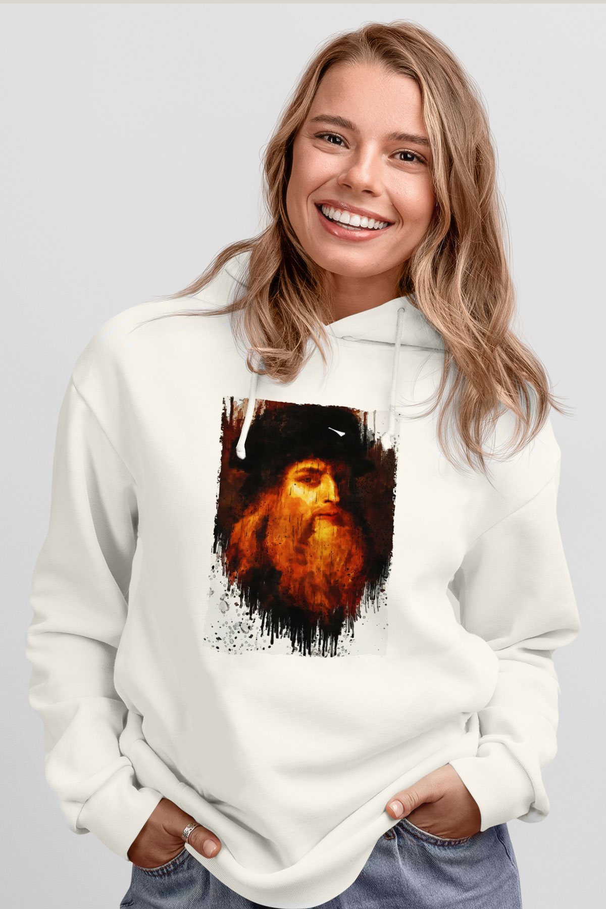 Leonardo da Vinci Portre Baskılı Unisex Ekru Hoodie