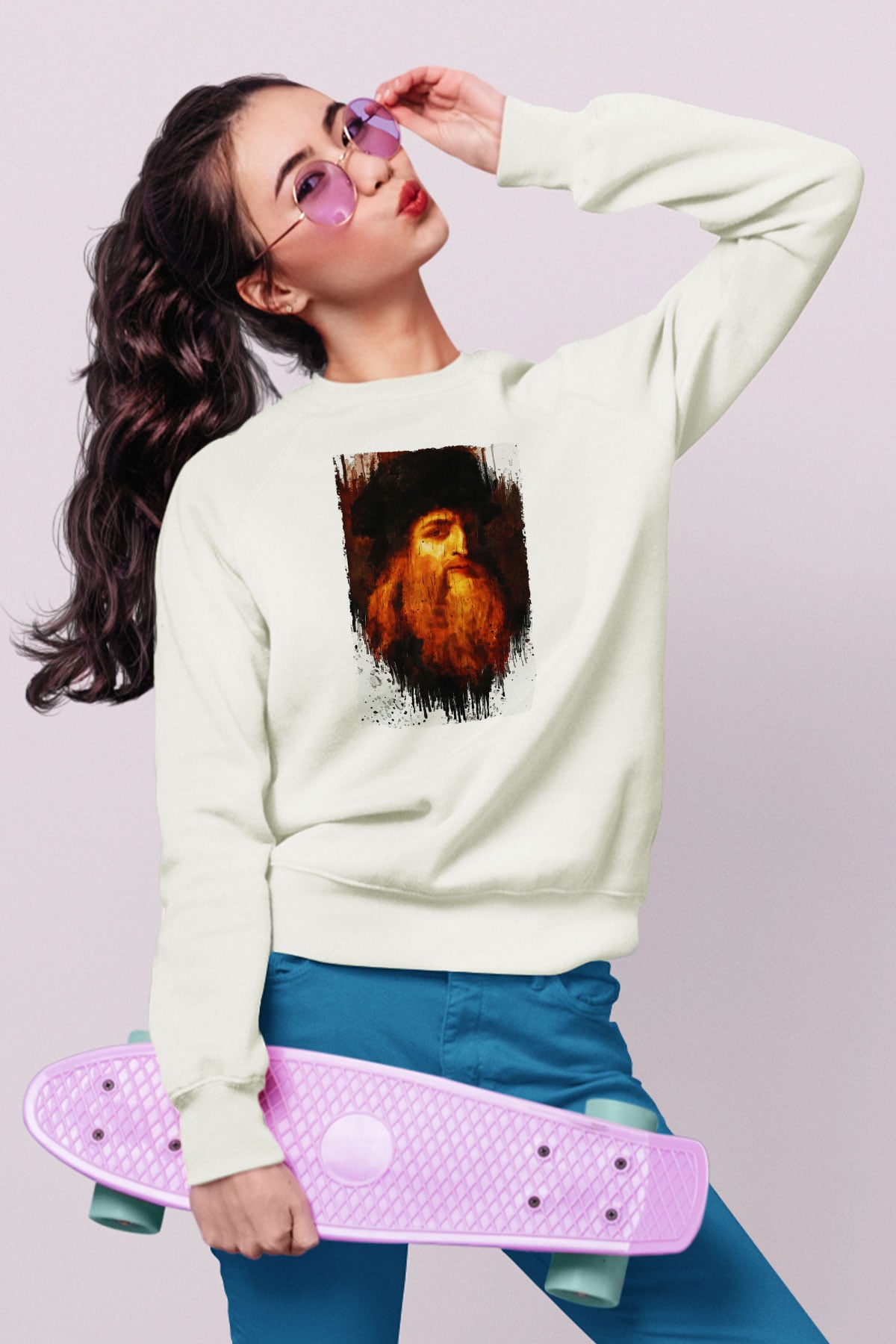 Leonardo da Vinci Portre Baskılı Unisex Ekru Sweatshirt