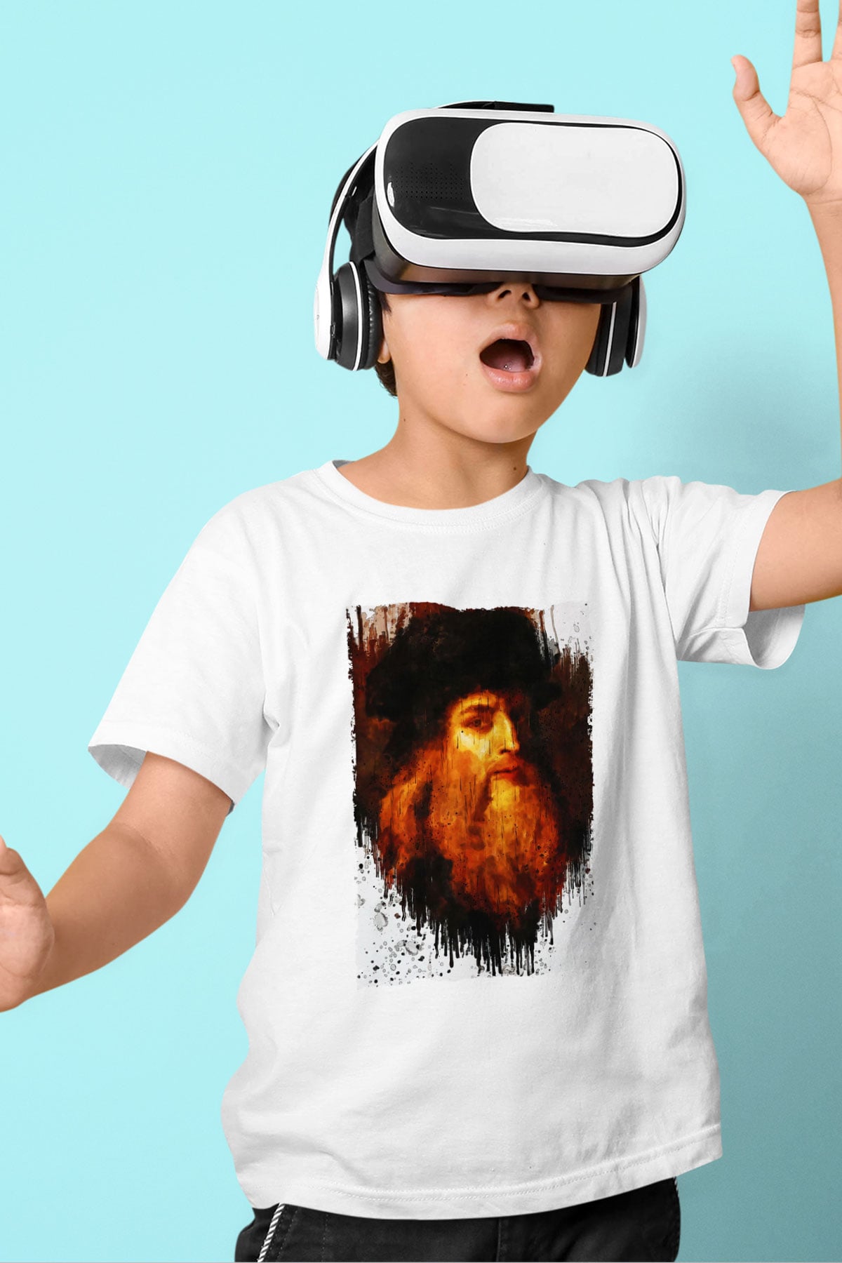 Leonardo da Vinci Portre Baskılı Unisex Beyaz Çocuk Tişörtü - Tshirt