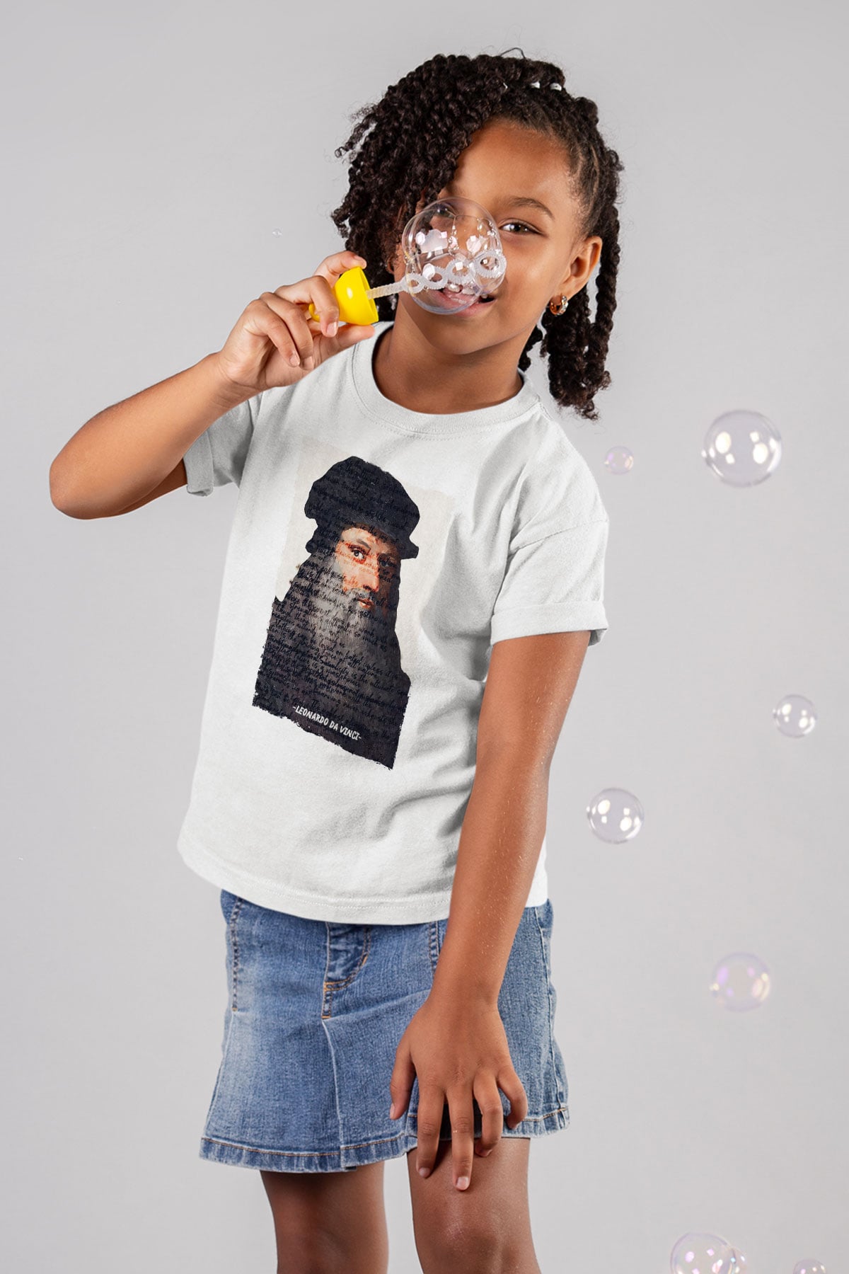 Leonardo Da Vinci Yazılı Portre Baskılı Unisex Beyaz Çocuk Tişörtü - Tshirt