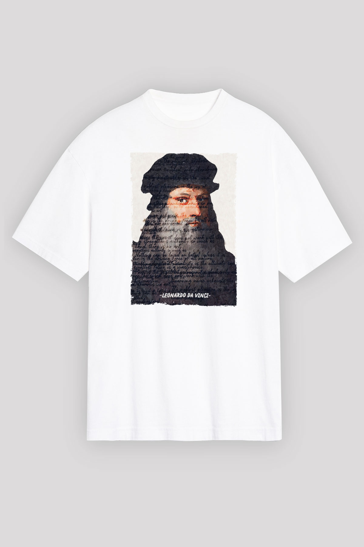 Leonardo Da Vinci Yazılı Portre Baskılı Unisex Oversize Beyaz Tişört - Tshirt