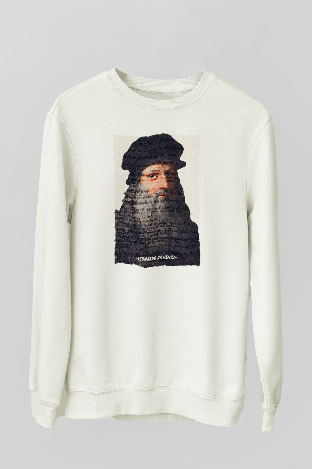 Leonardo Da Vinci Yazılı Portre Baskılı Unisex Ekru Sweatshirt